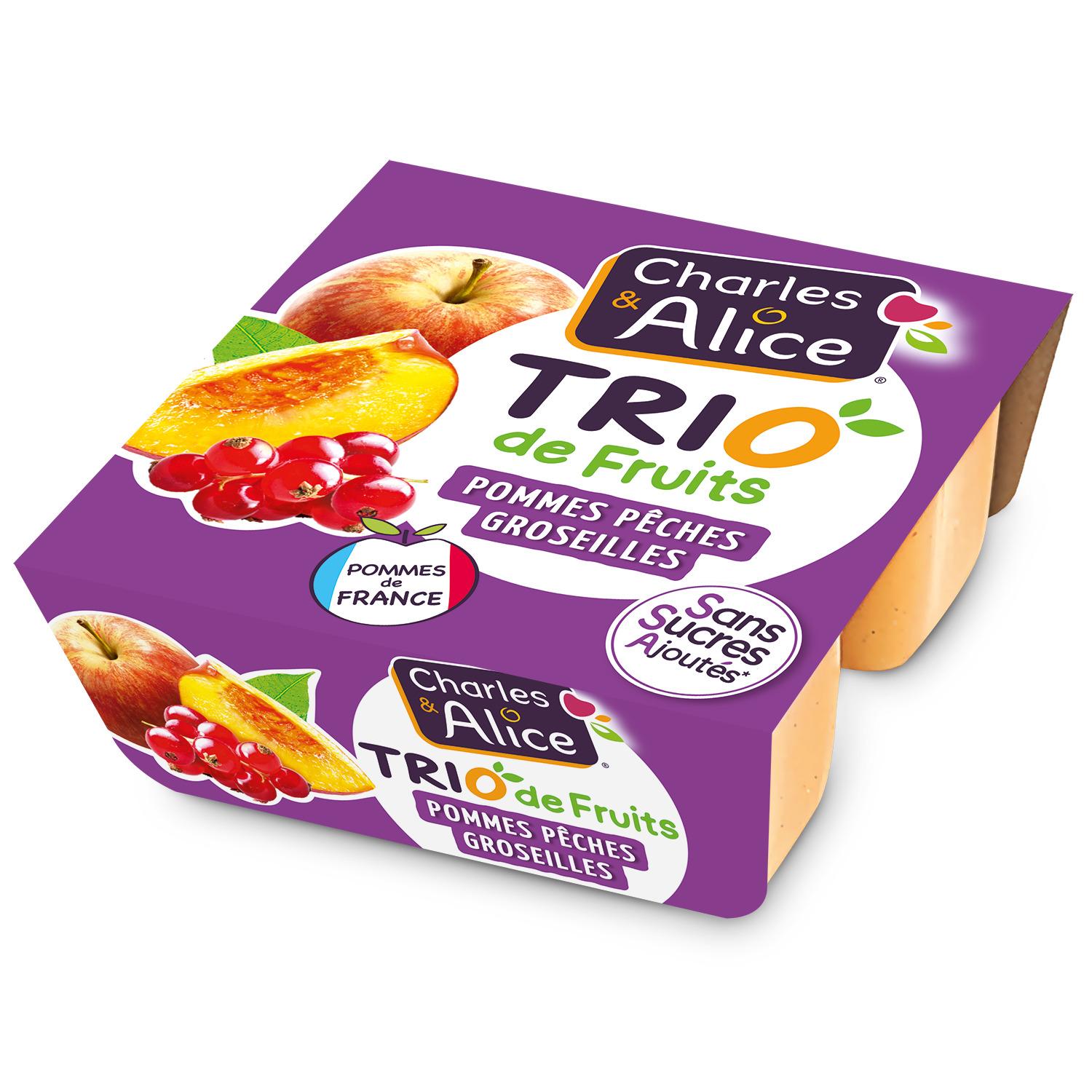 CHARLES & ALICE Trio de fruits pommes pêches groseilles sans sucres ajoutés 4x100g