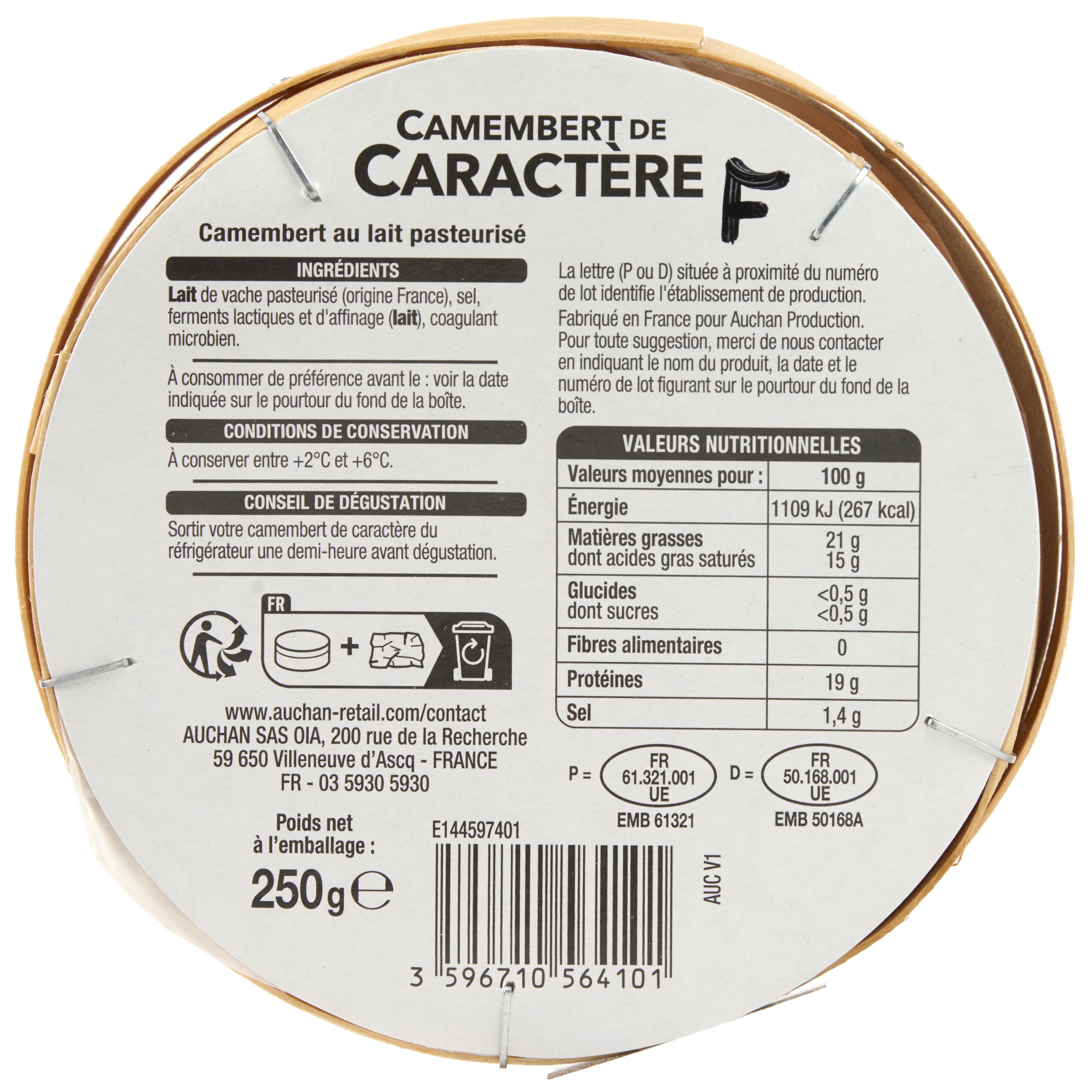 Voir la diapositive 3 : AUCHAN Camembert caractère à pâte molle 250g