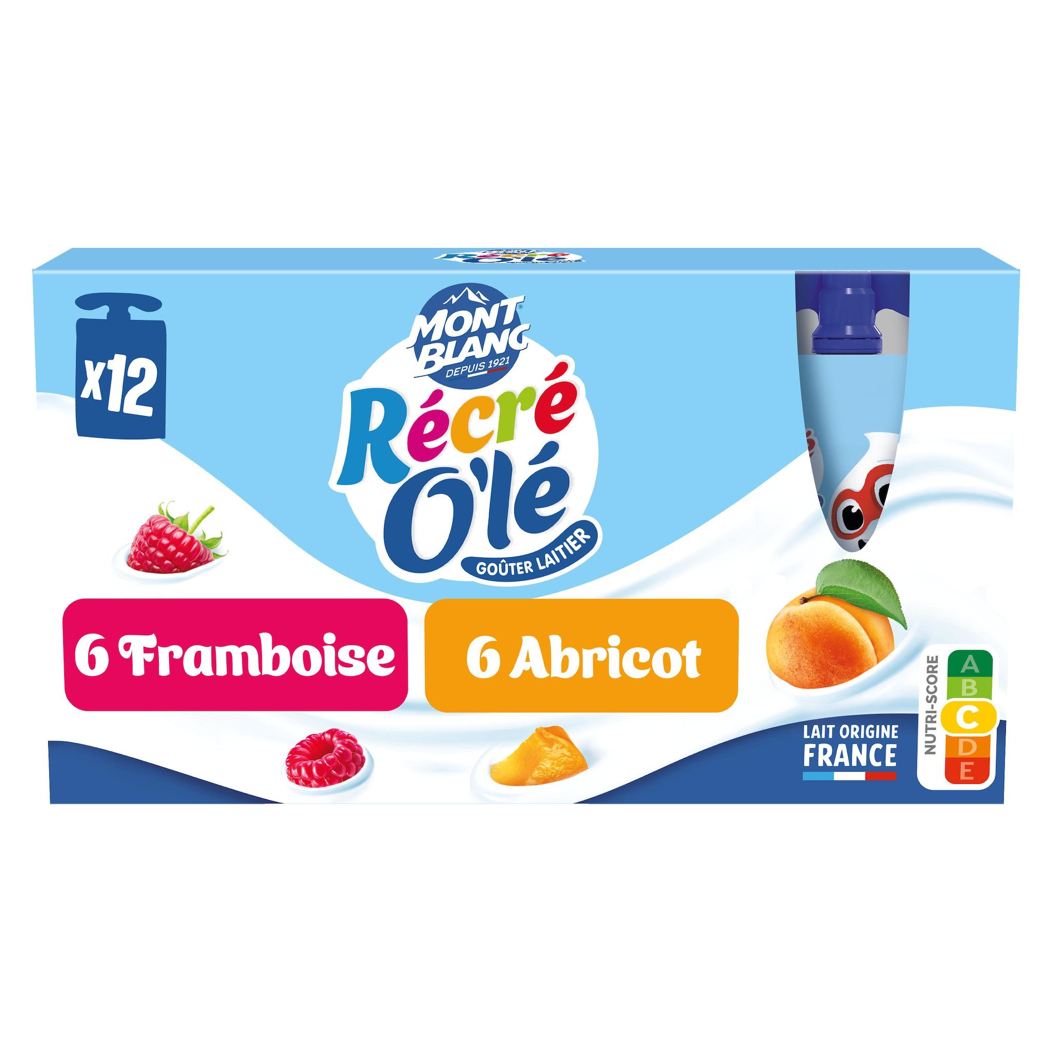 RÉCRÉ OLÉ Goûter laitier de fruits mixés en gourde saveur framboise et abricot 2x6 gourdes 12x85g