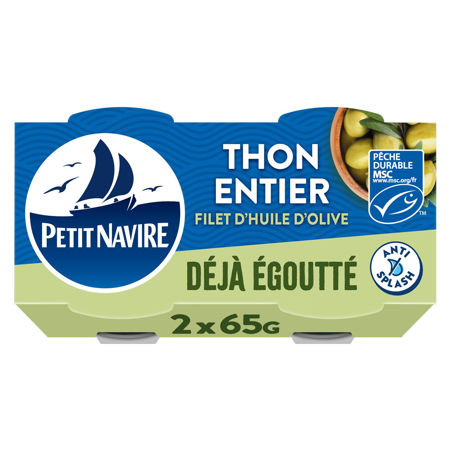 PETIT NAVIRE Thon entier avec filet d'huile d'olive déjà égoutté msc 2x65g
