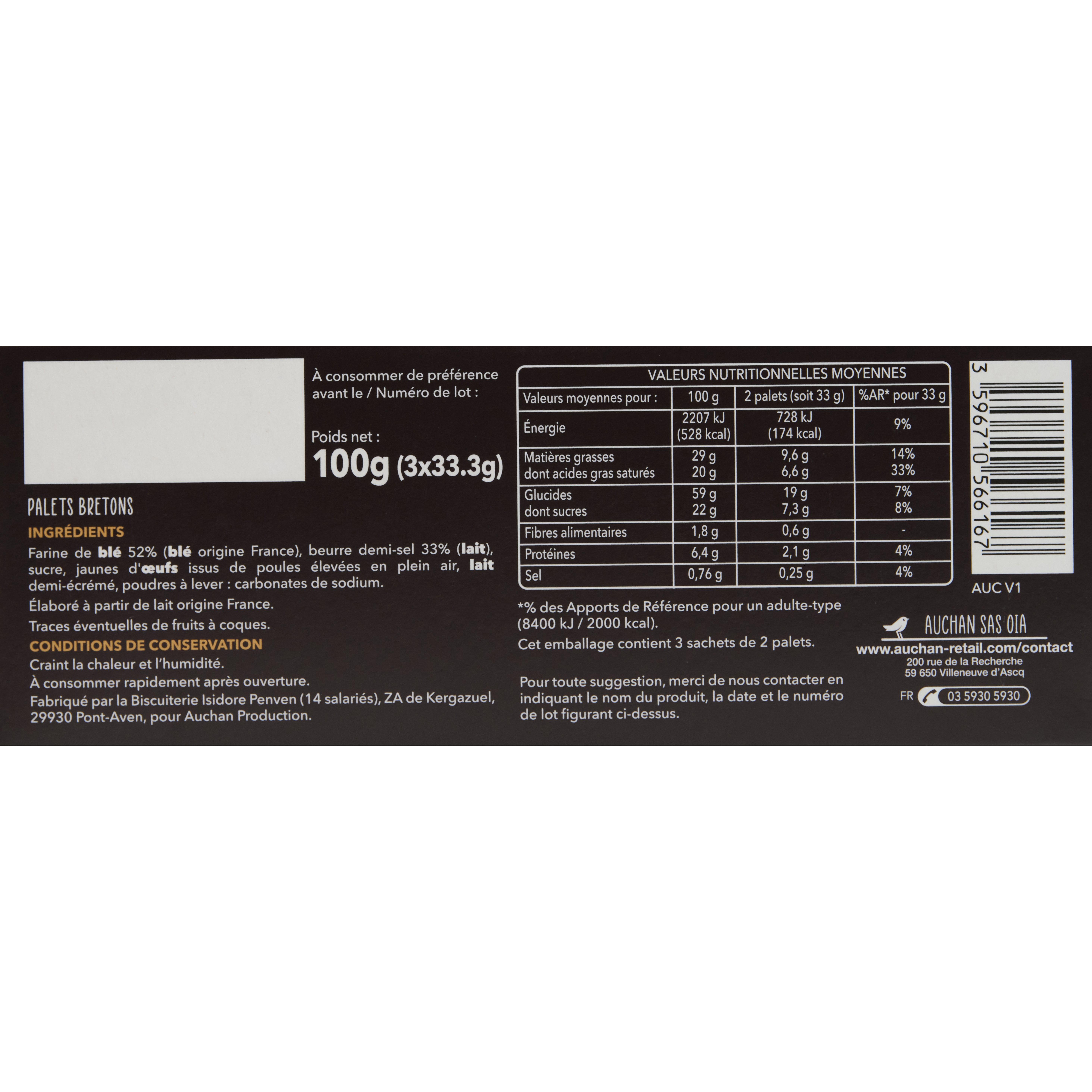Voir la diapositive 2 : AUCHAN Biscuits palets bretons 100g
