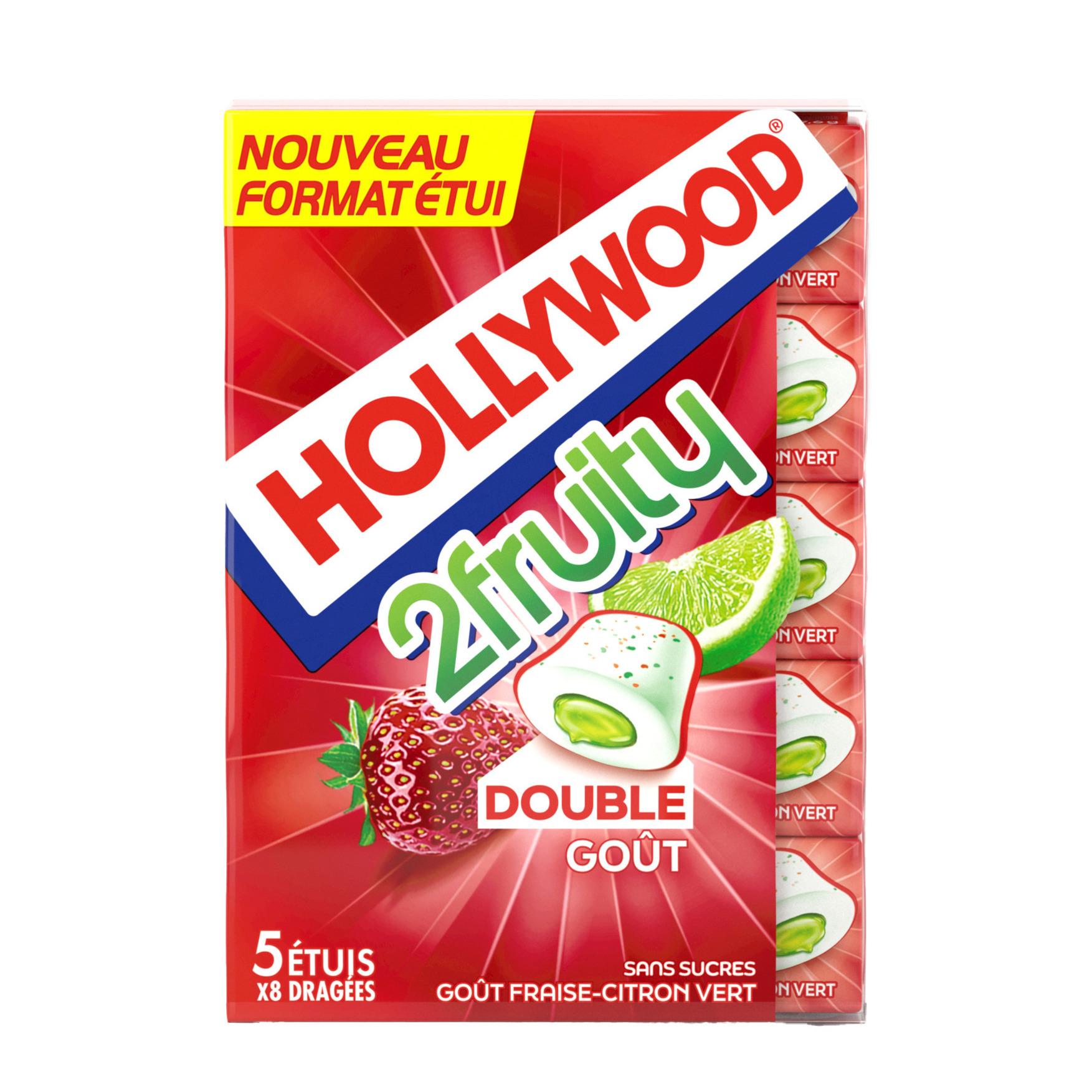 HOLLYWOOD 2fruity chewing-gum fraise, citron vert sans sucres 5 étuis de 8 dragées 5x17.6g