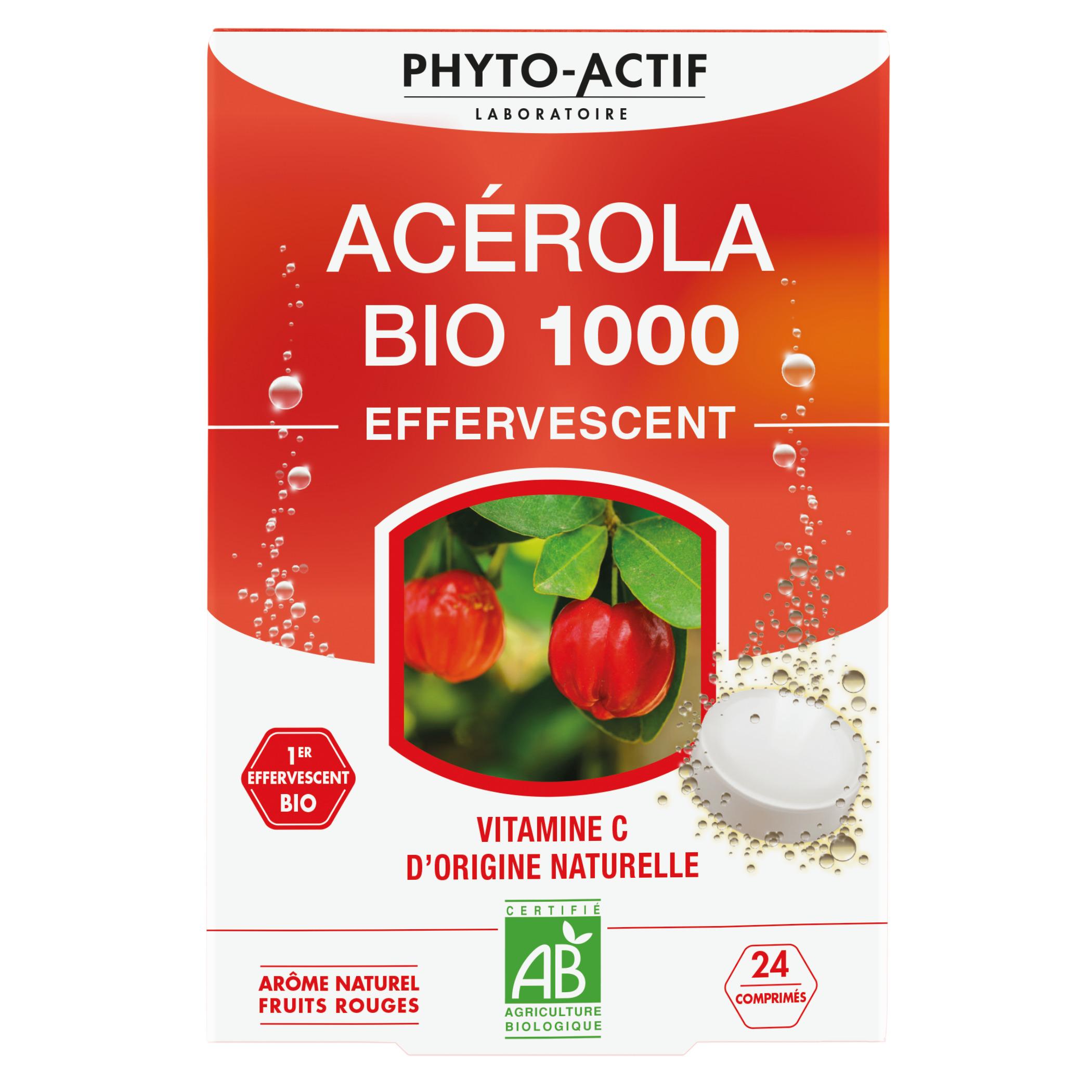 PHYTO ACTIF Complément alimentaire acérola bio 1000 effervescent arôme naturel fruits rouges 24 comprimés