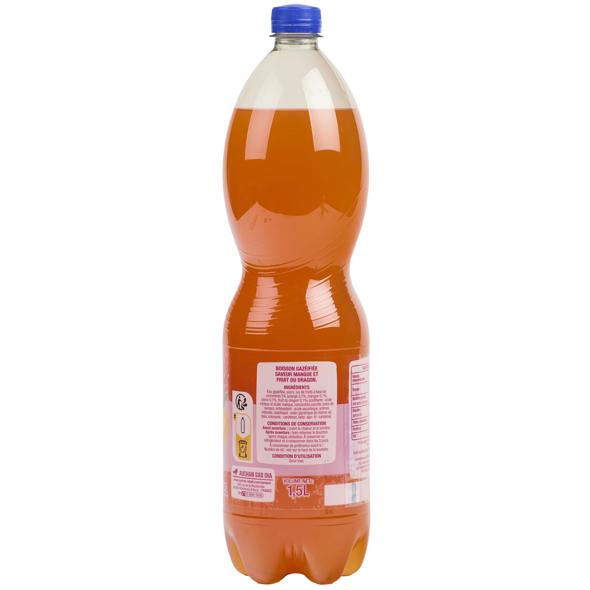 Voir la diapositive 2 : AUCHAN Boisson gazeuse mangue fruit du dragon 1,5l
