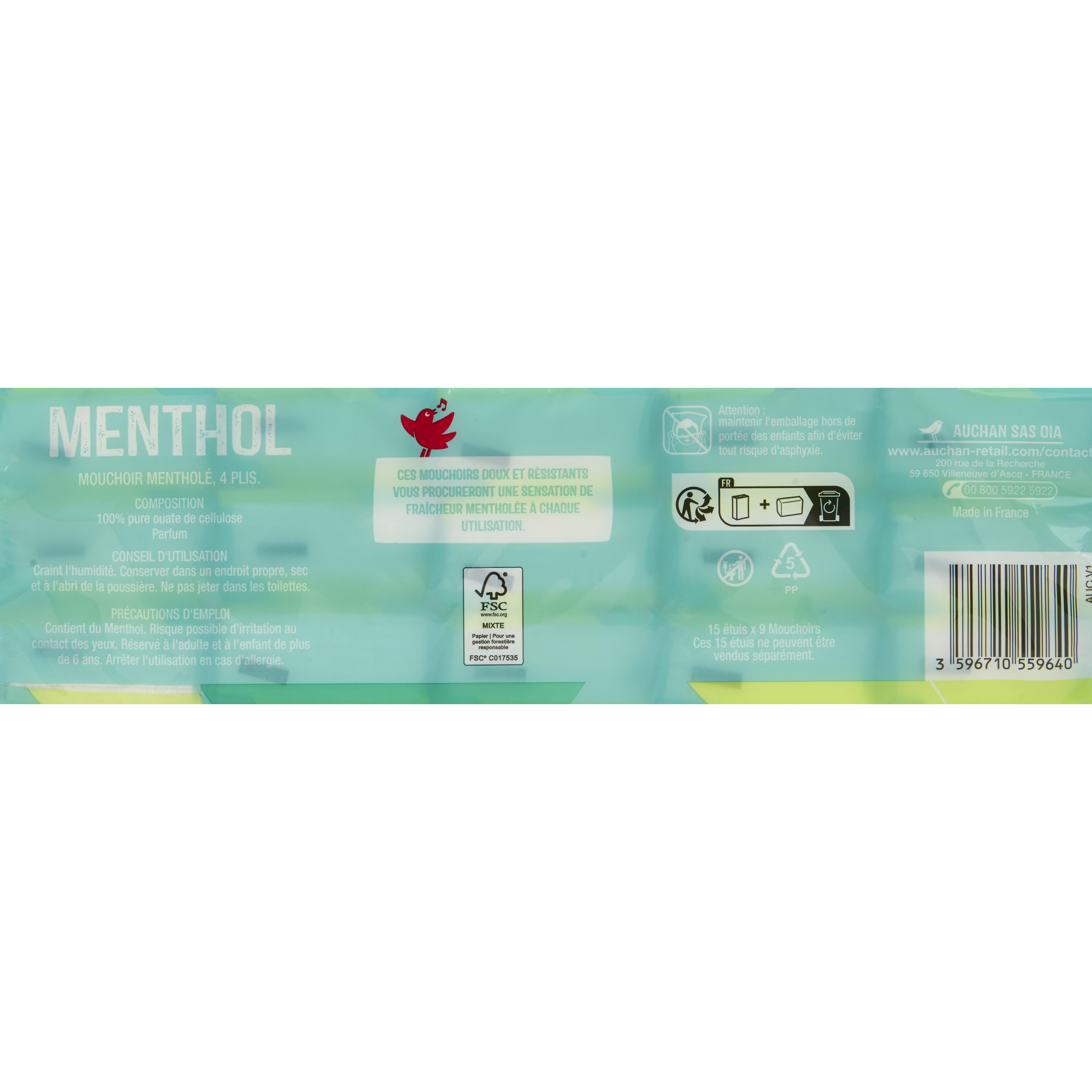 Voir la diapositive 3 : AUCHAN Paquets de mouchoirs doux et résistants menthol 4 plis 15 paquets