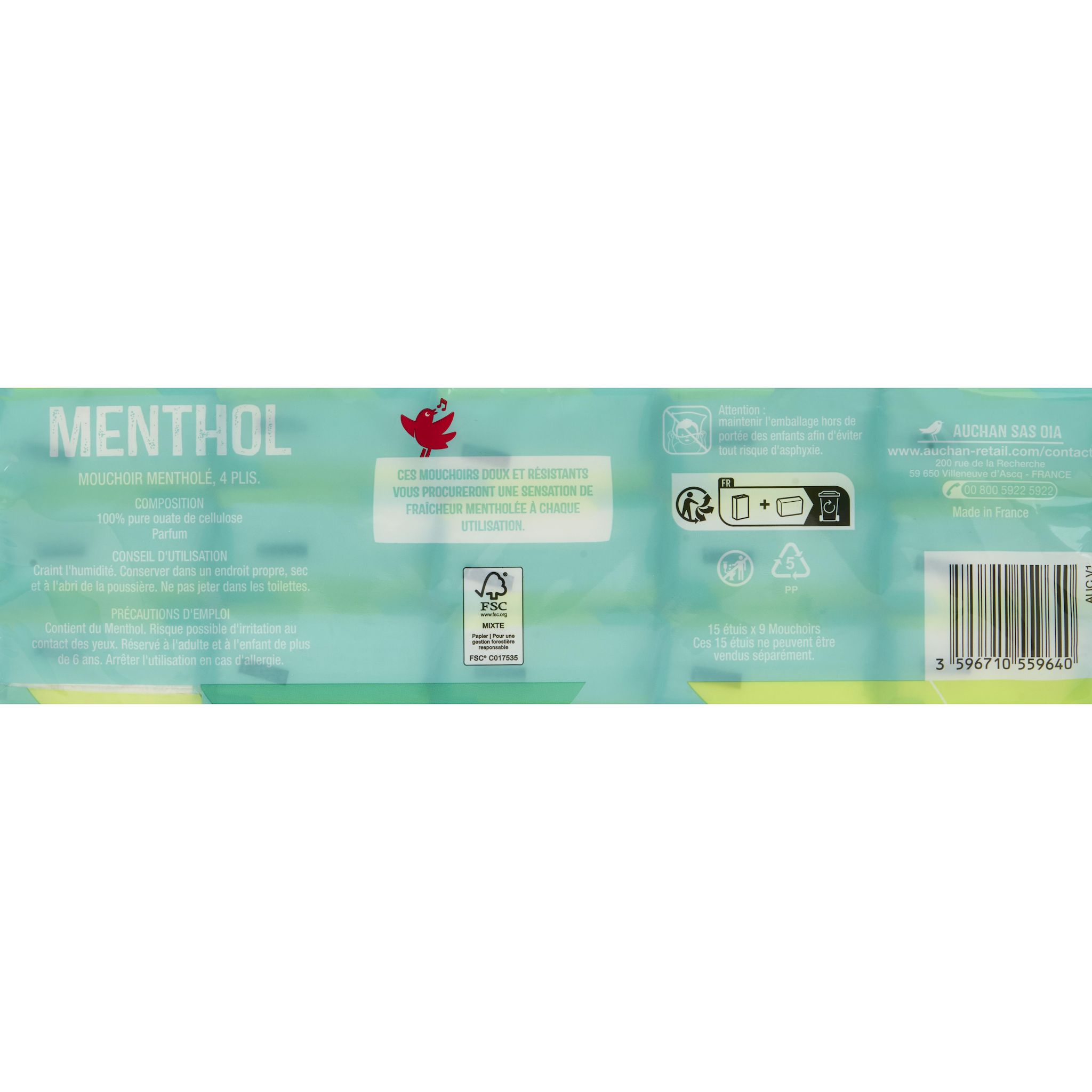 Voir la diapositive 3 : AUCHAN Paquets de mouchoirs doux et résistants menthol 4 plis 15 paquets