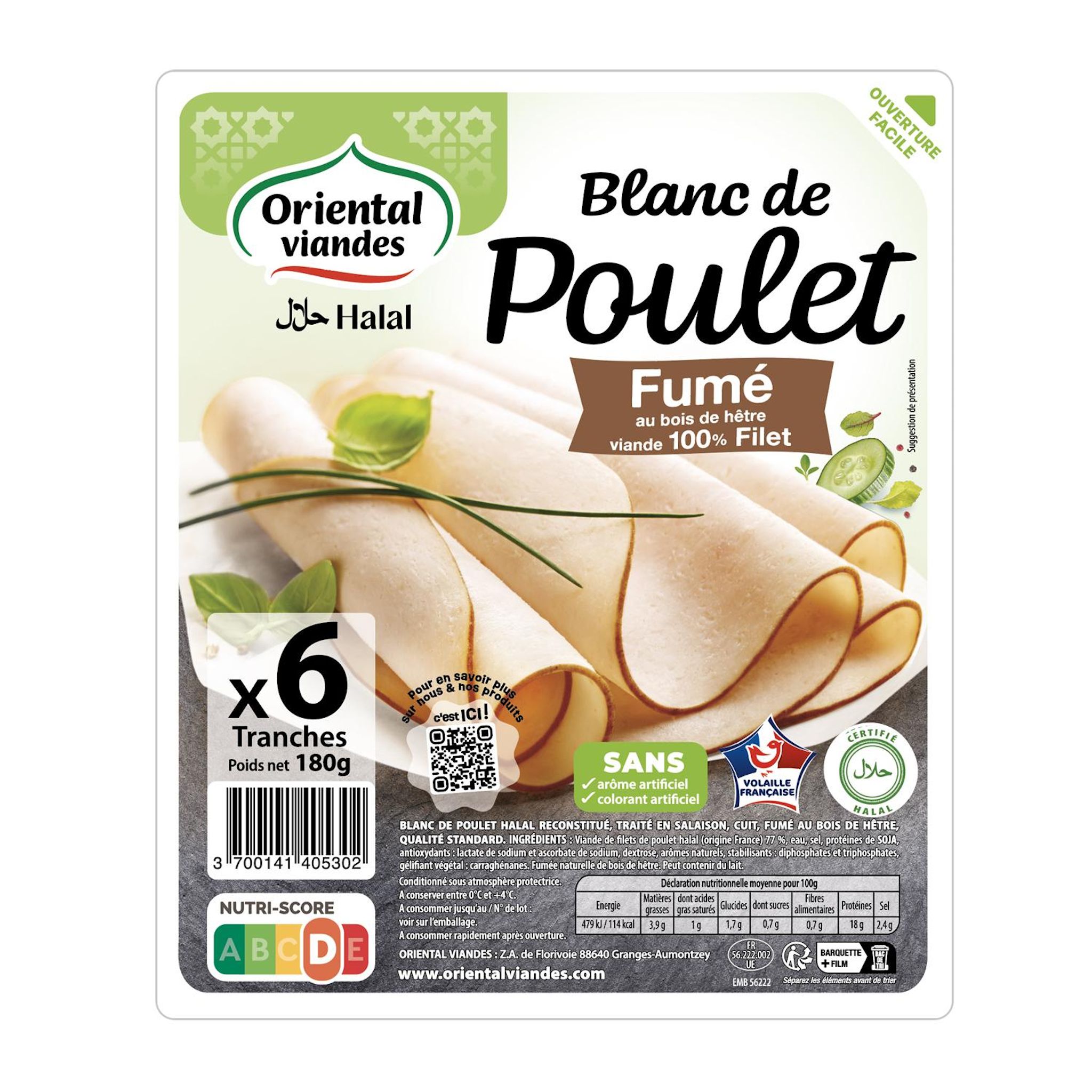ORIENTAL VIANDES Blanc de poulet halal fumé au bois de hêtre 6 tranches 180g