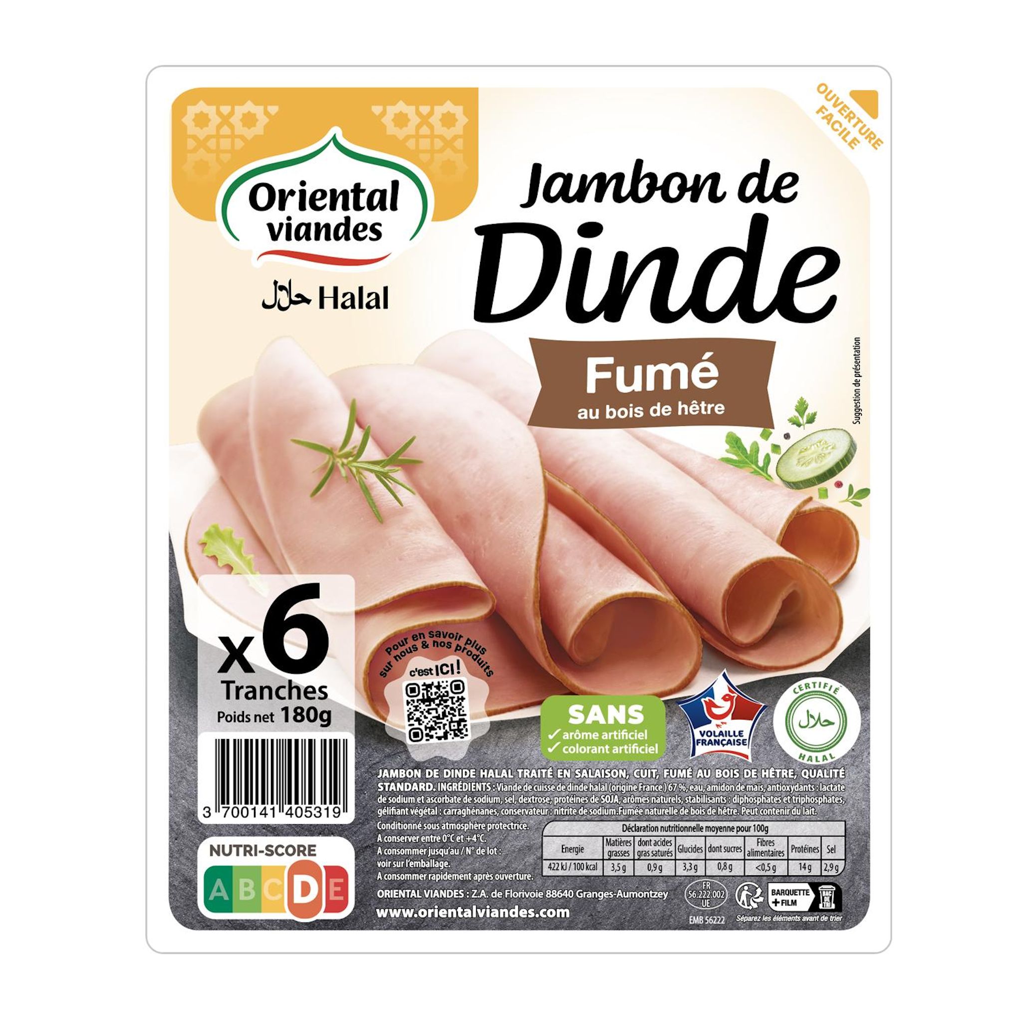 ORIENTAL VIANDES Jambon de dinde fumé halal 6 tranches 180g