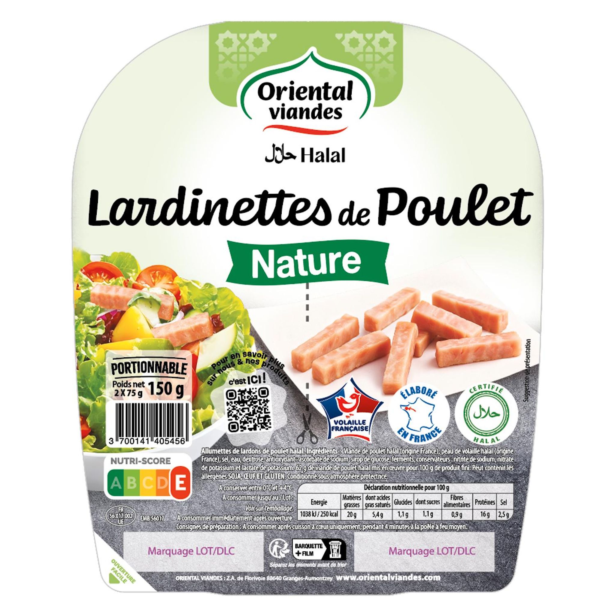 ORIENTAL VIANDES Lardinettes de poulet nature halal 2x75g
