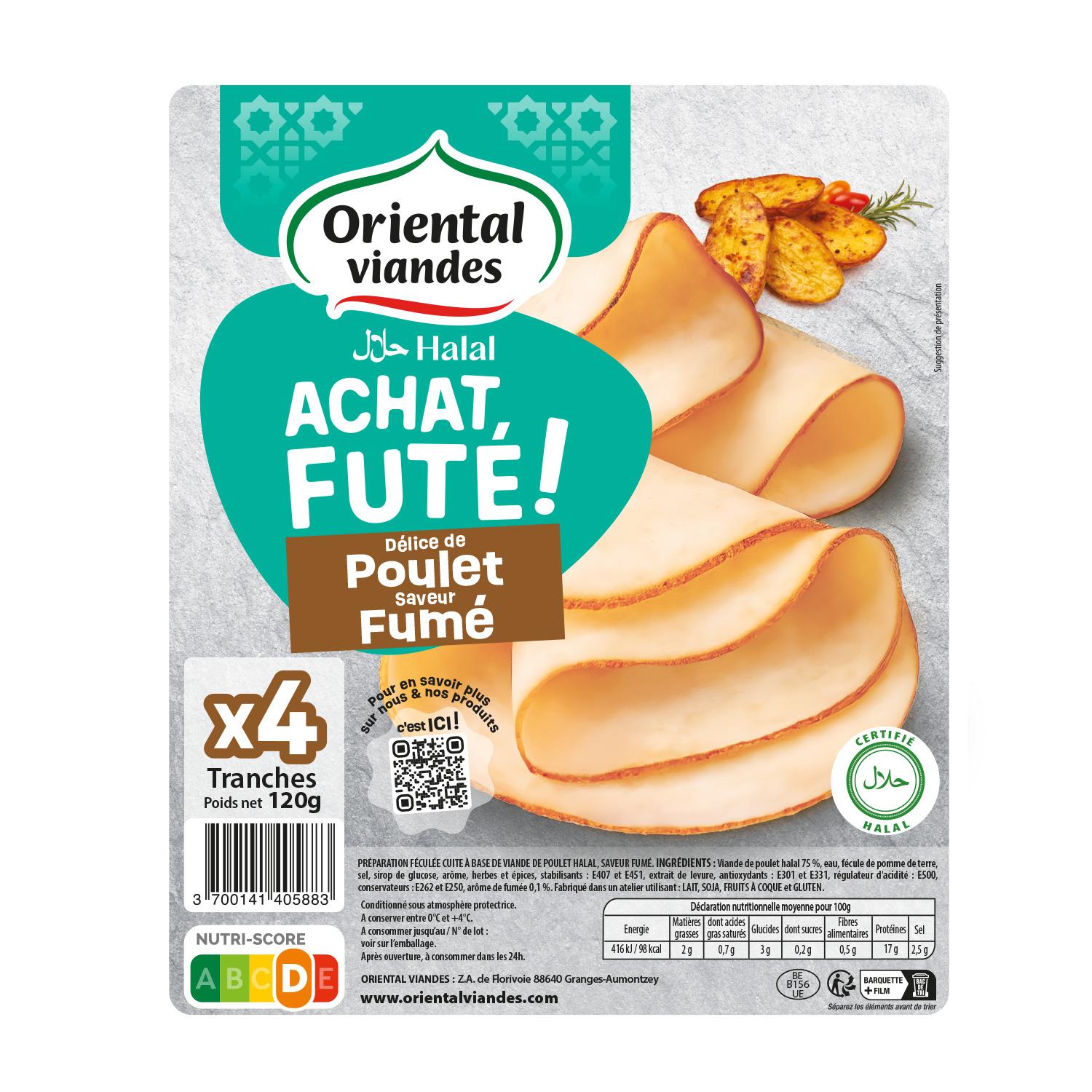 ORIENTAL VIANDES Délice de poulet fumé halal 4 tranches 120g