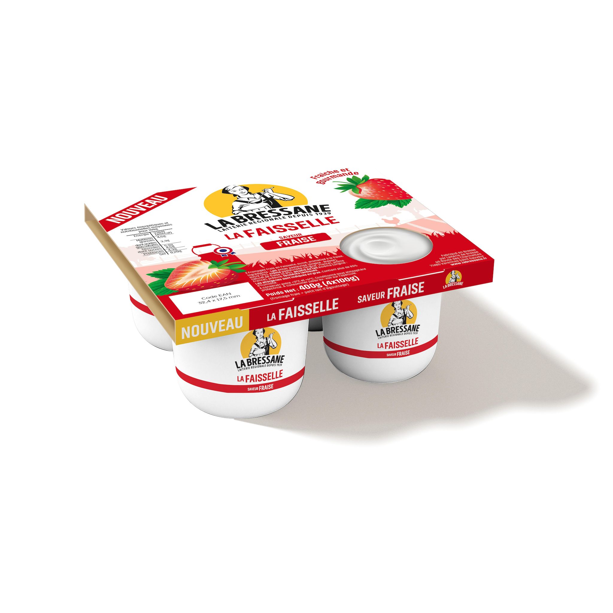 LA BRESSANE Faisselle fromage blanc sucré à la fraise 4 pots 400g