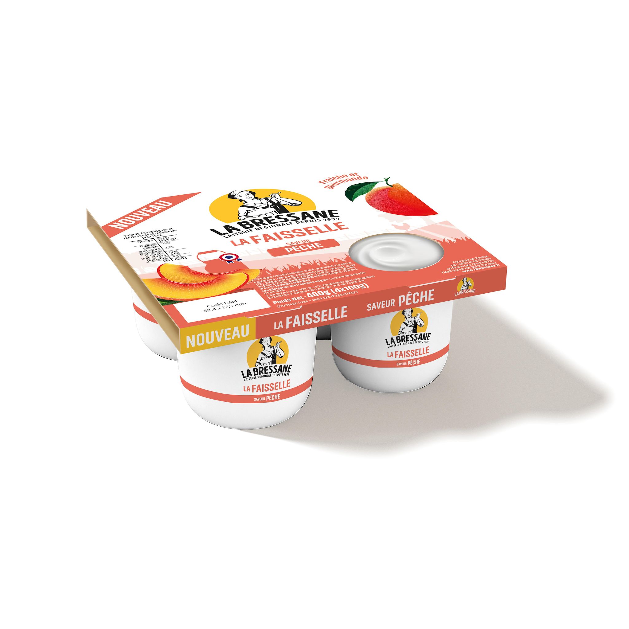 LA BRESSANE Faisselle sucrée à la pêche 4 pots 400g