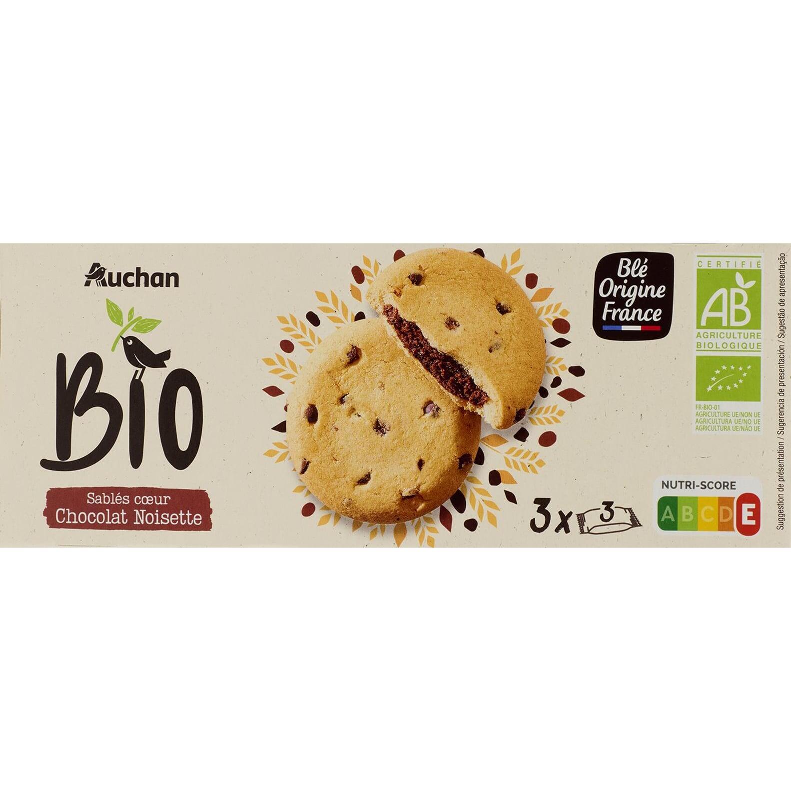AUCHAN BIO Sablés au coeur chocolat noisette 9 biscuits 155g
