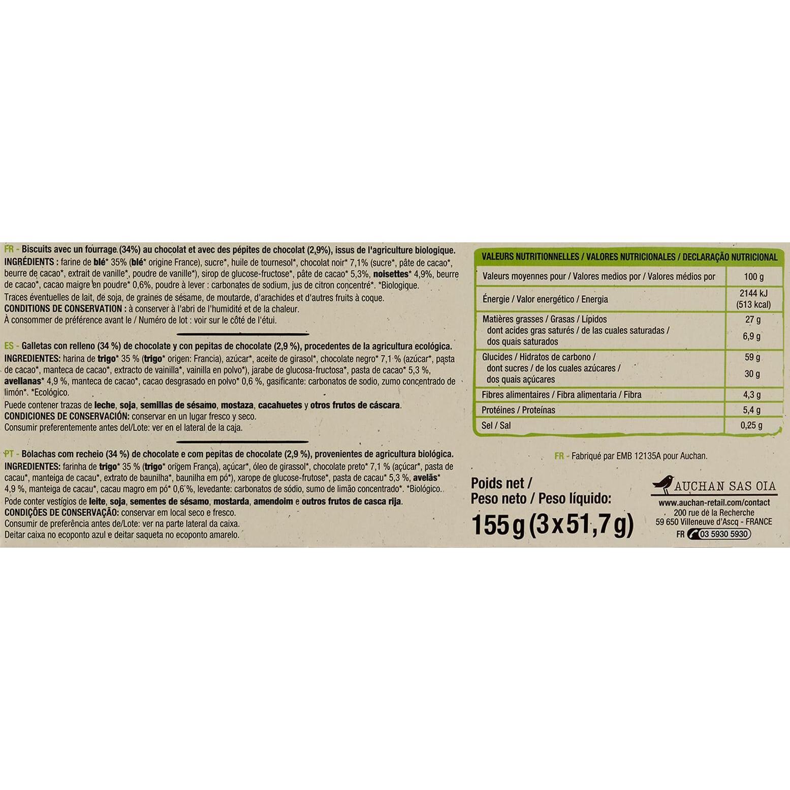 Voir la diapositive 3 : AUCHAN BIO Sablés au coeur chocolat noisette 9 biscuits 155g