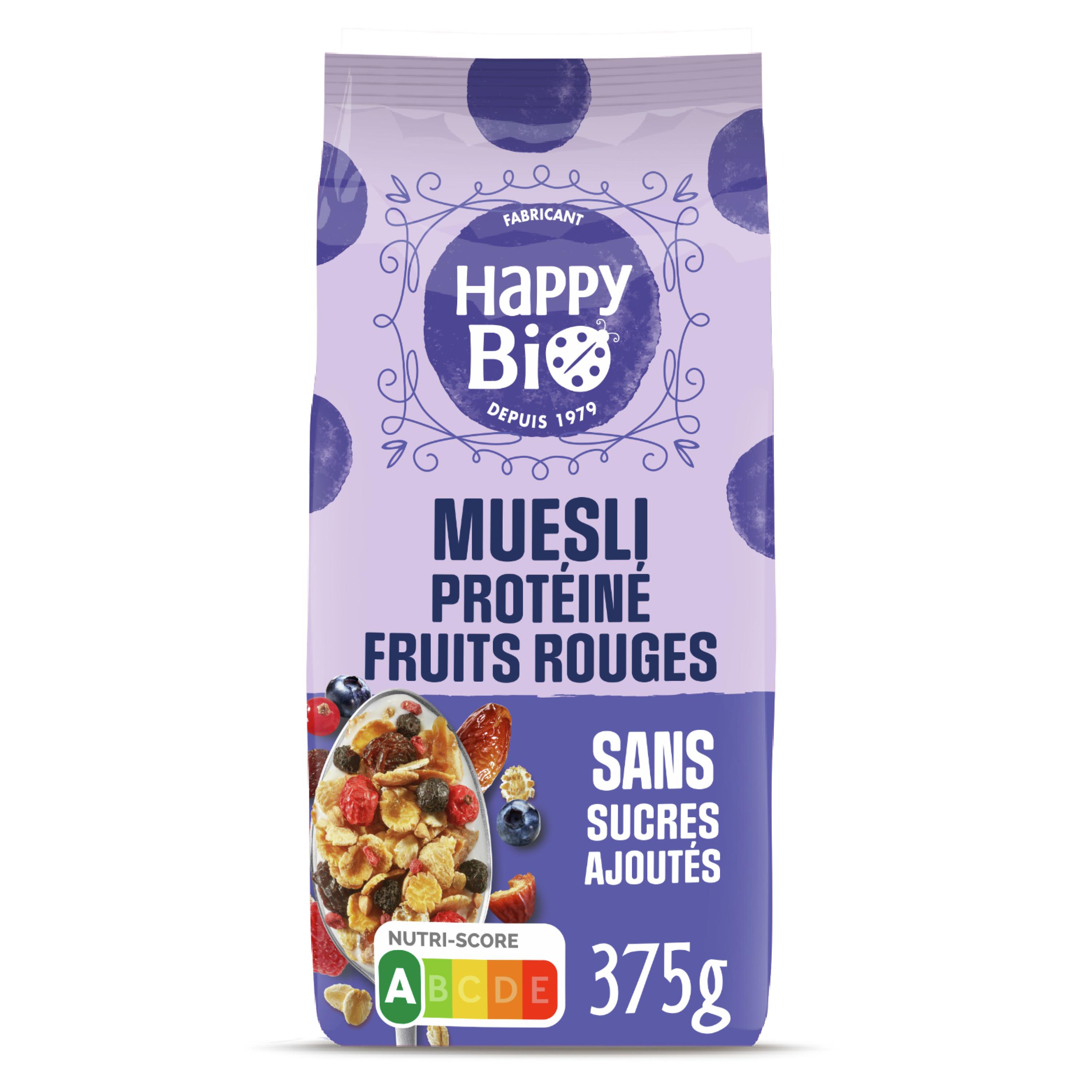 HAPPY BIO Muesli protéiné aux fruits rouges sans sucres ajoutés 375g