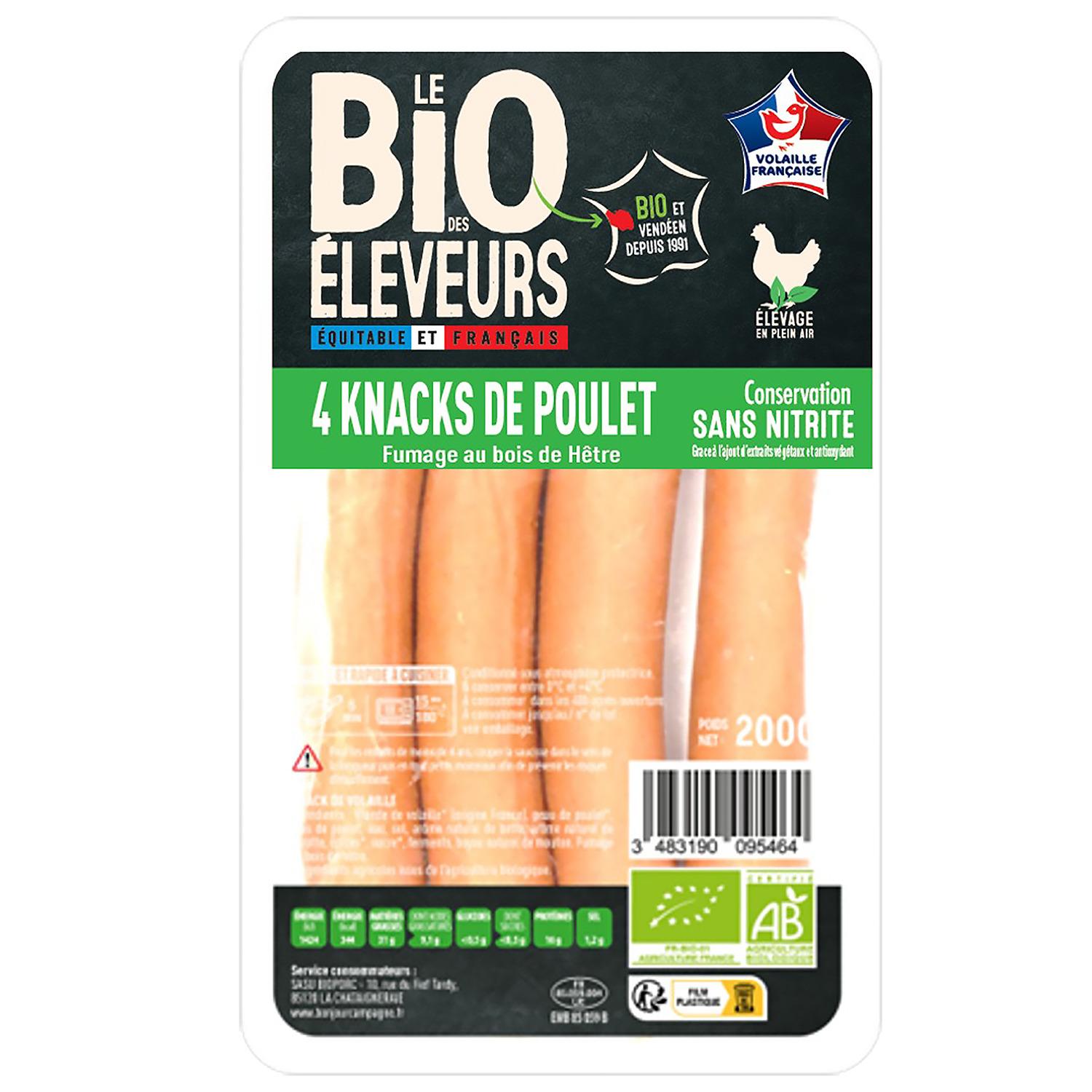 LE BIO DES ELEVEURS Knacks de poulet bio sans nitrites 4 pièces 200g