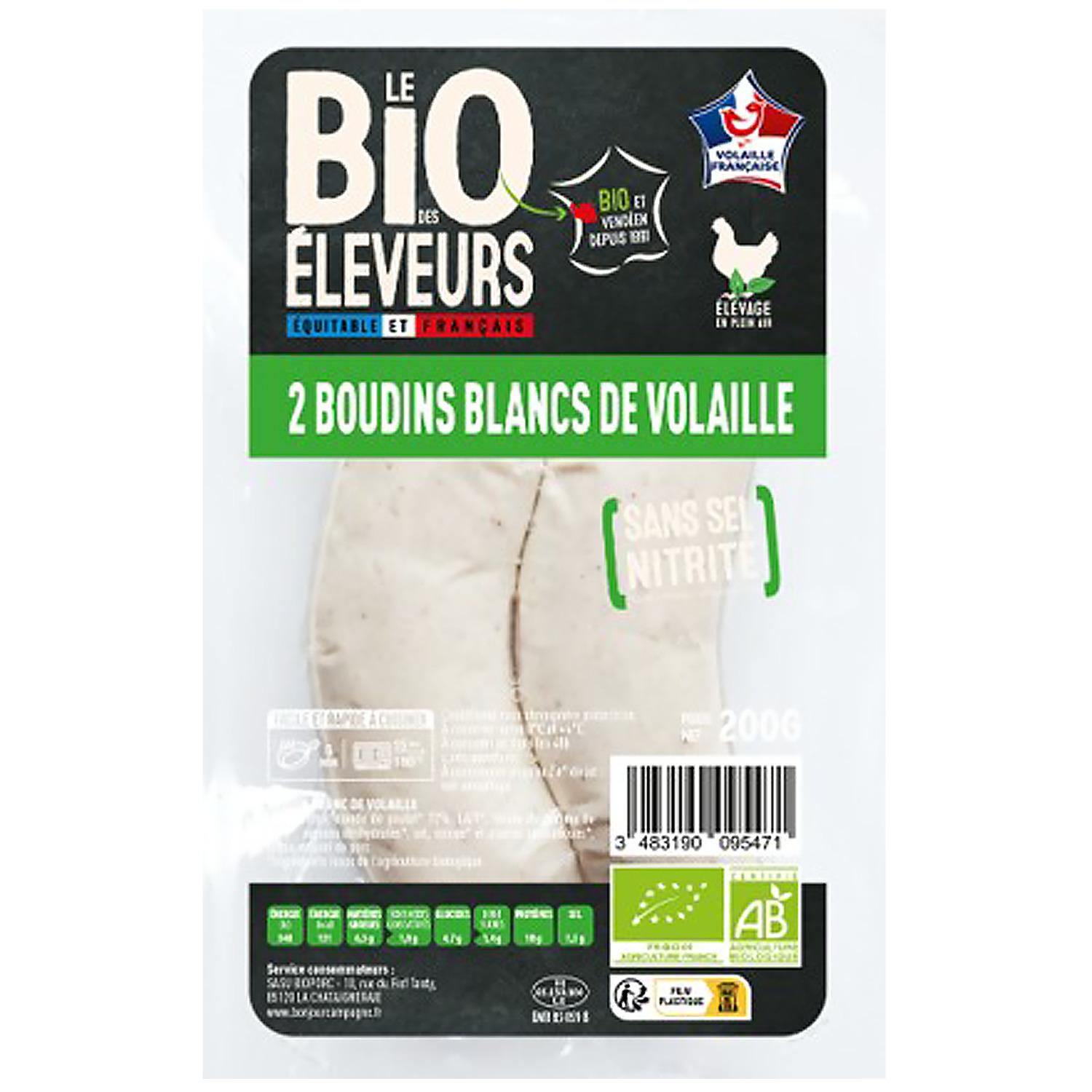 LE BIO DES ELEVEURS Boudin blanc de volaille bio sans nitrites 2 pièces 200g