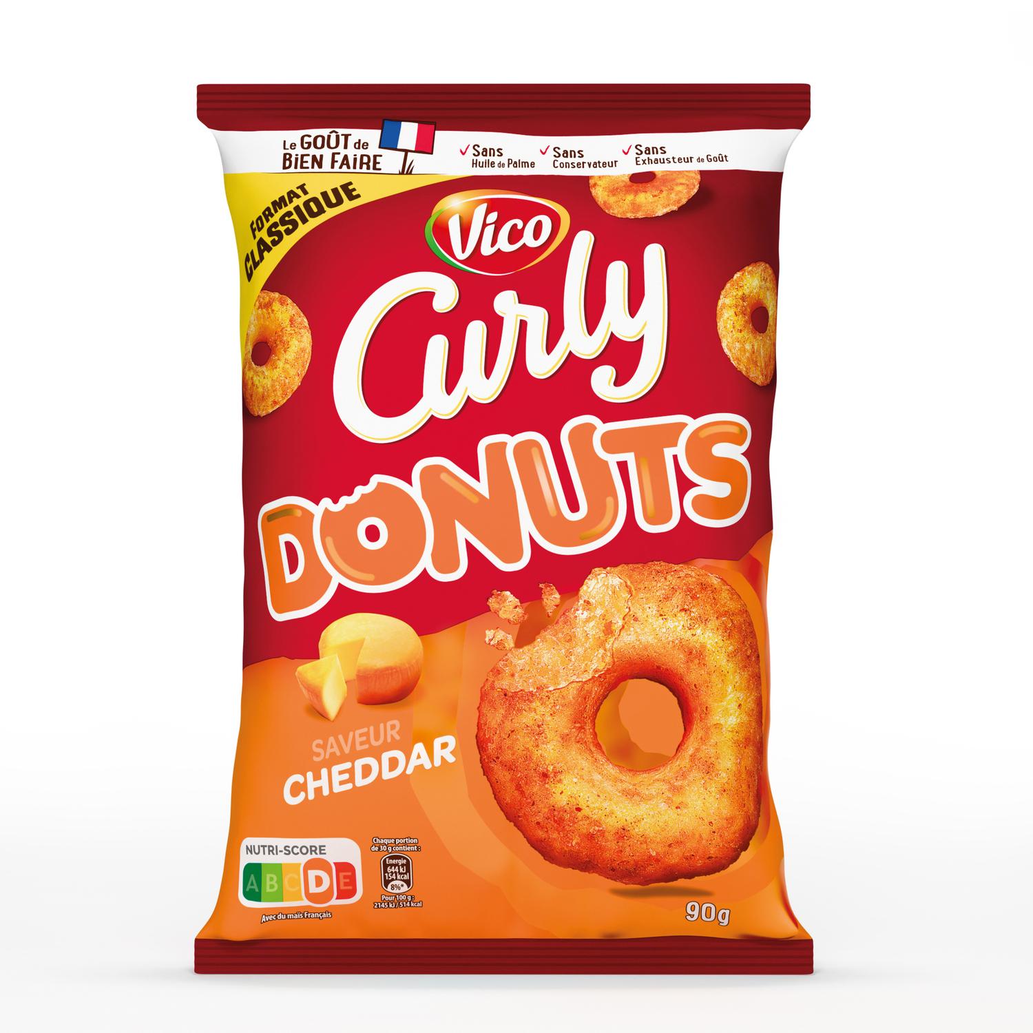 CURLY Donuts biscuits soufflés à base de maïs et d'arachides saveur cheddar 90g