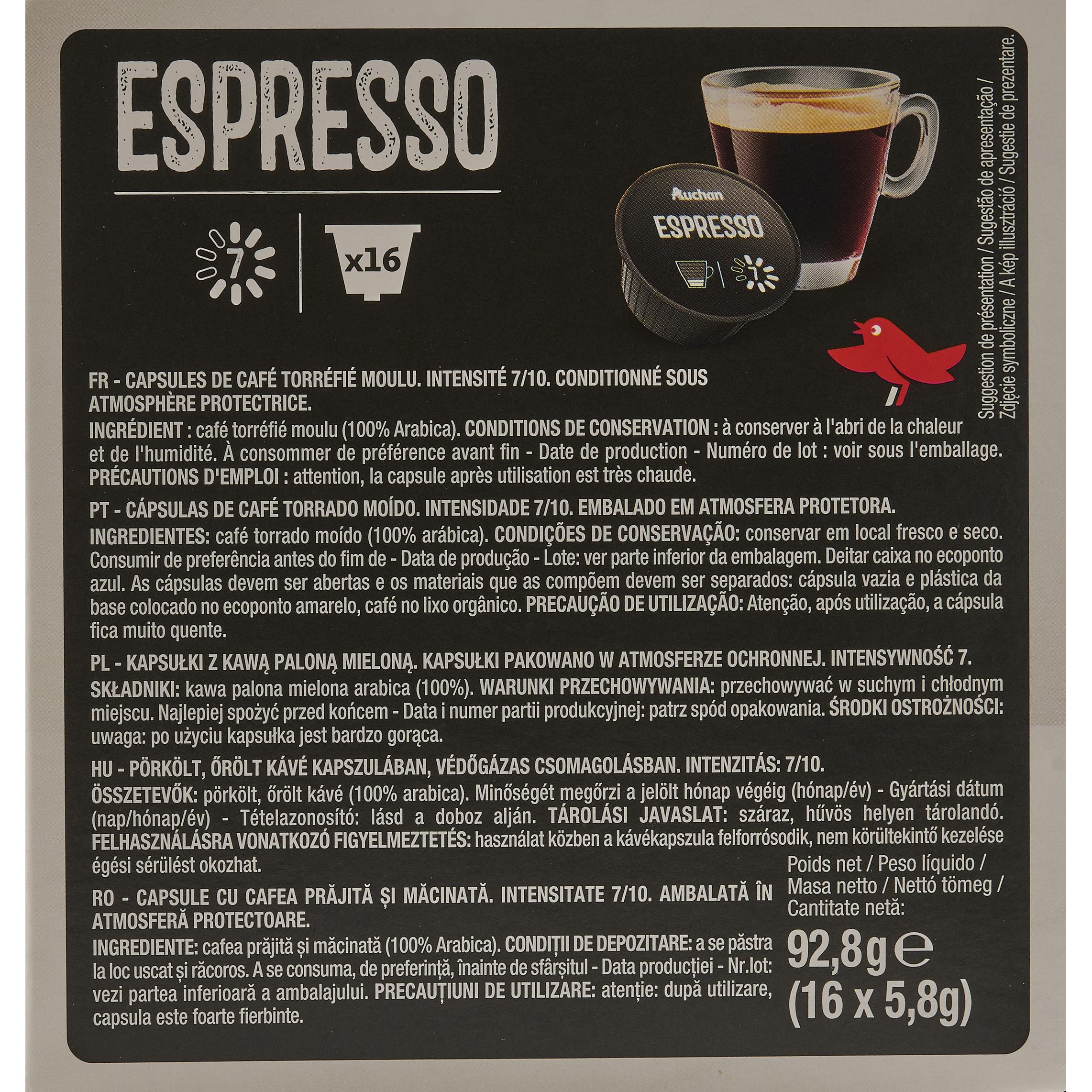 Voir la diapositive 3 : AUCHAN Capsules de café espresso compatibles Dolce Gusto 16 capsules 92g