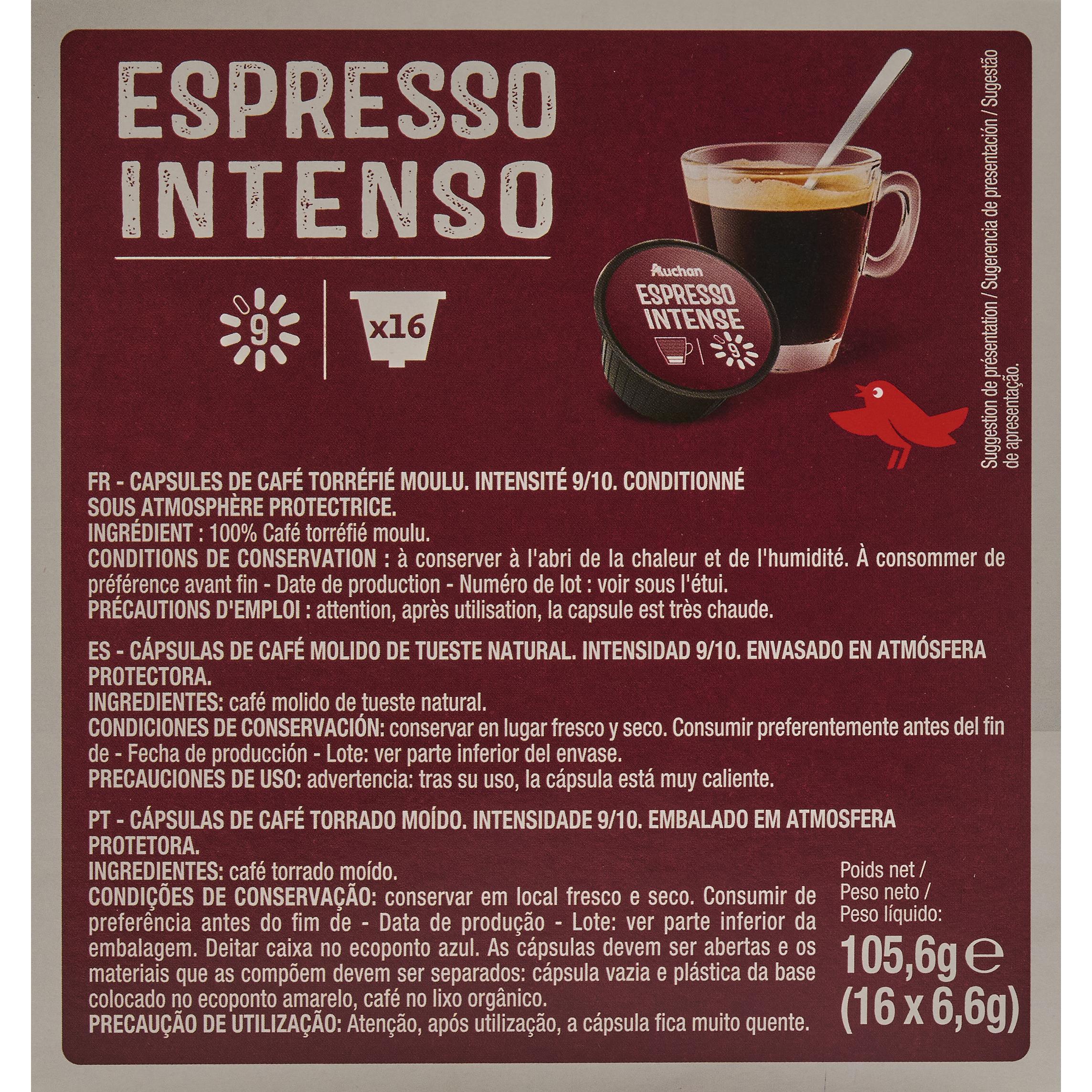 Voir la diapositive 5 : AUCHAN Capsules de café espresso intense intensité 9 compatibles Dolce Gusto 16 capsules 105.6g