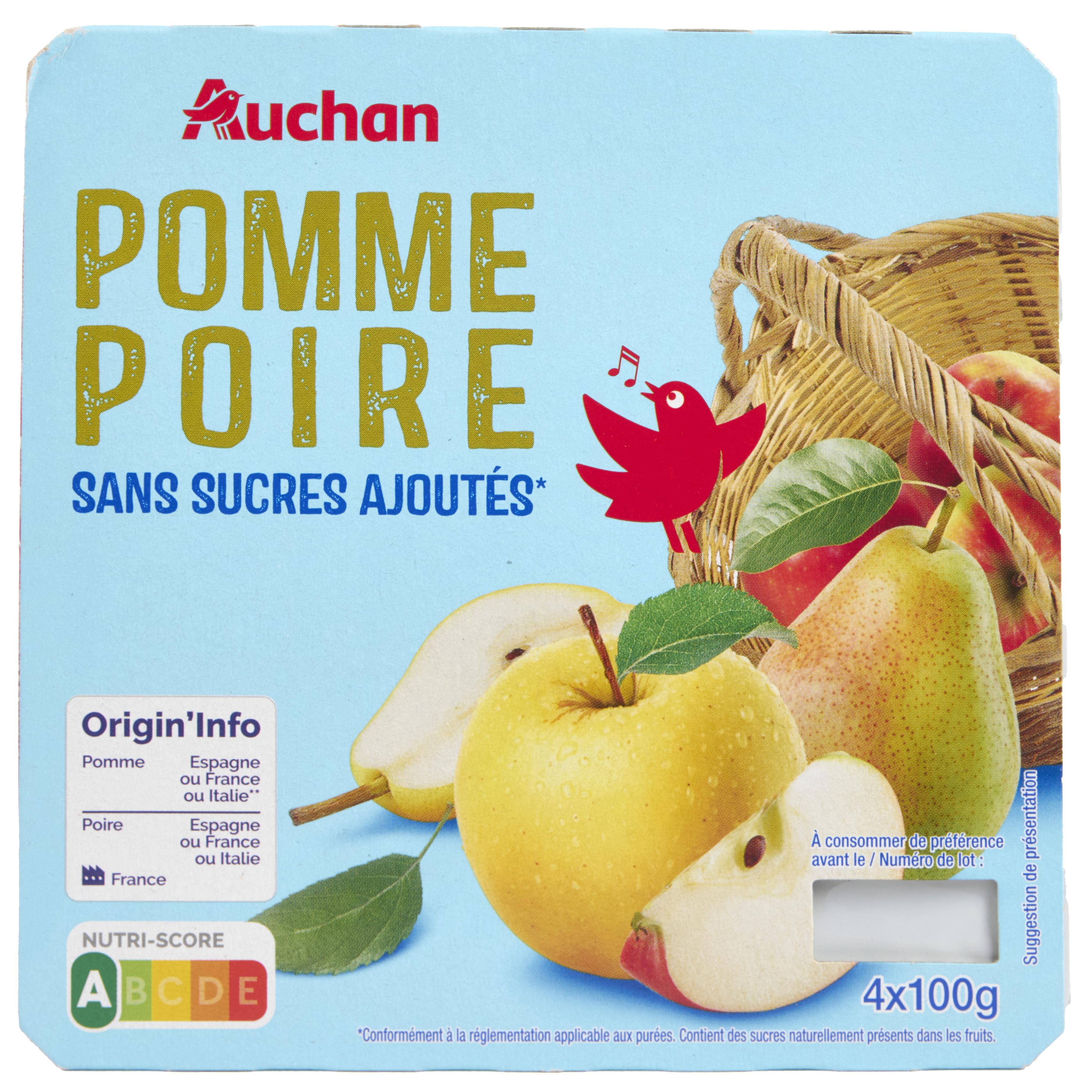 AUCHAN Purée de pomme poire sans sucres ajoutés 4x100g