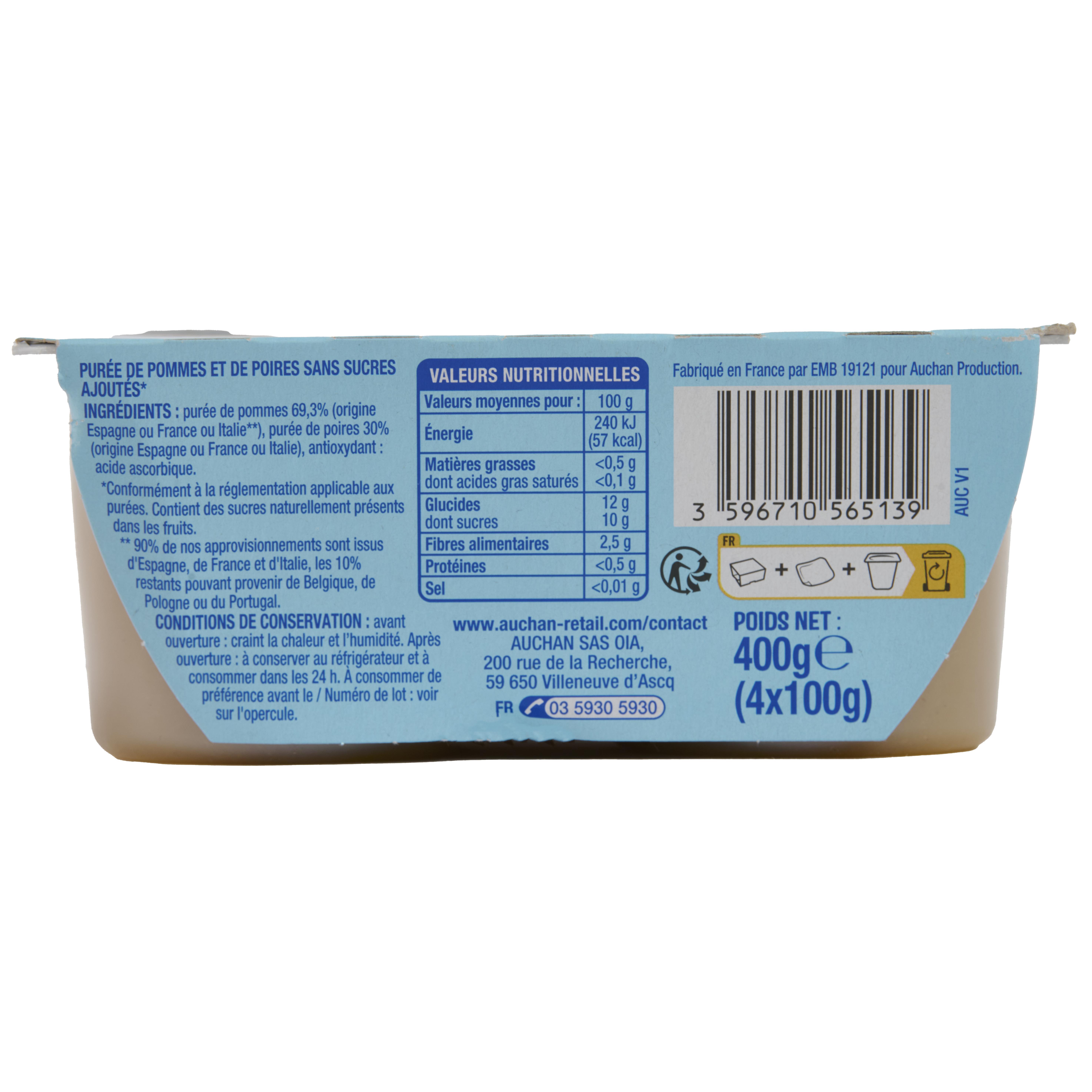 Voir la diapositive 2 : AUCHAN Purée de pomme poire sans sucres ajoutés 4x100g
