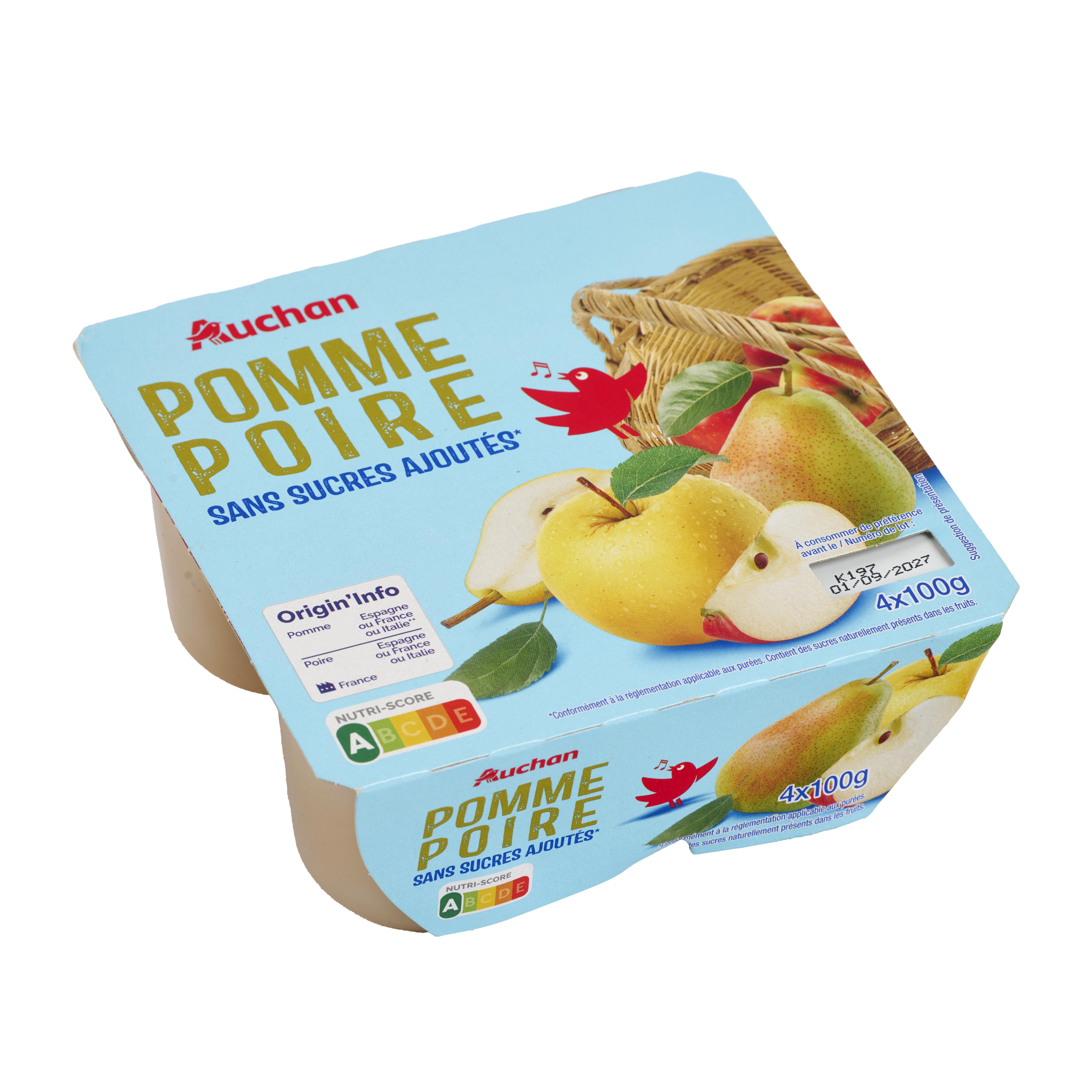 Voir la diapositive 3 : AUCHAN Purée de pomme poire sans sucres ajoutés 4x100g