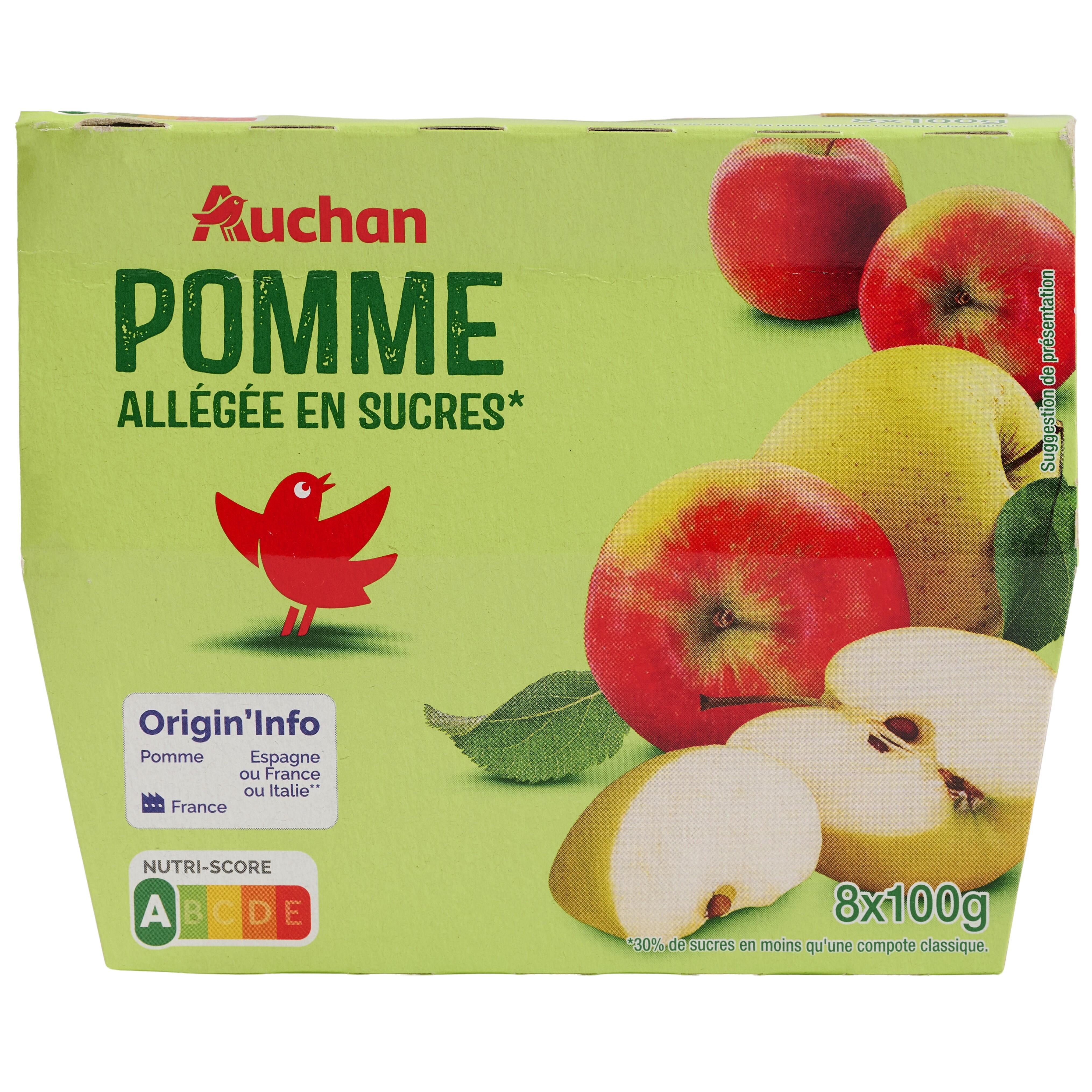 AUCHAN Coupelles pomme allégée en sucres 8x100g