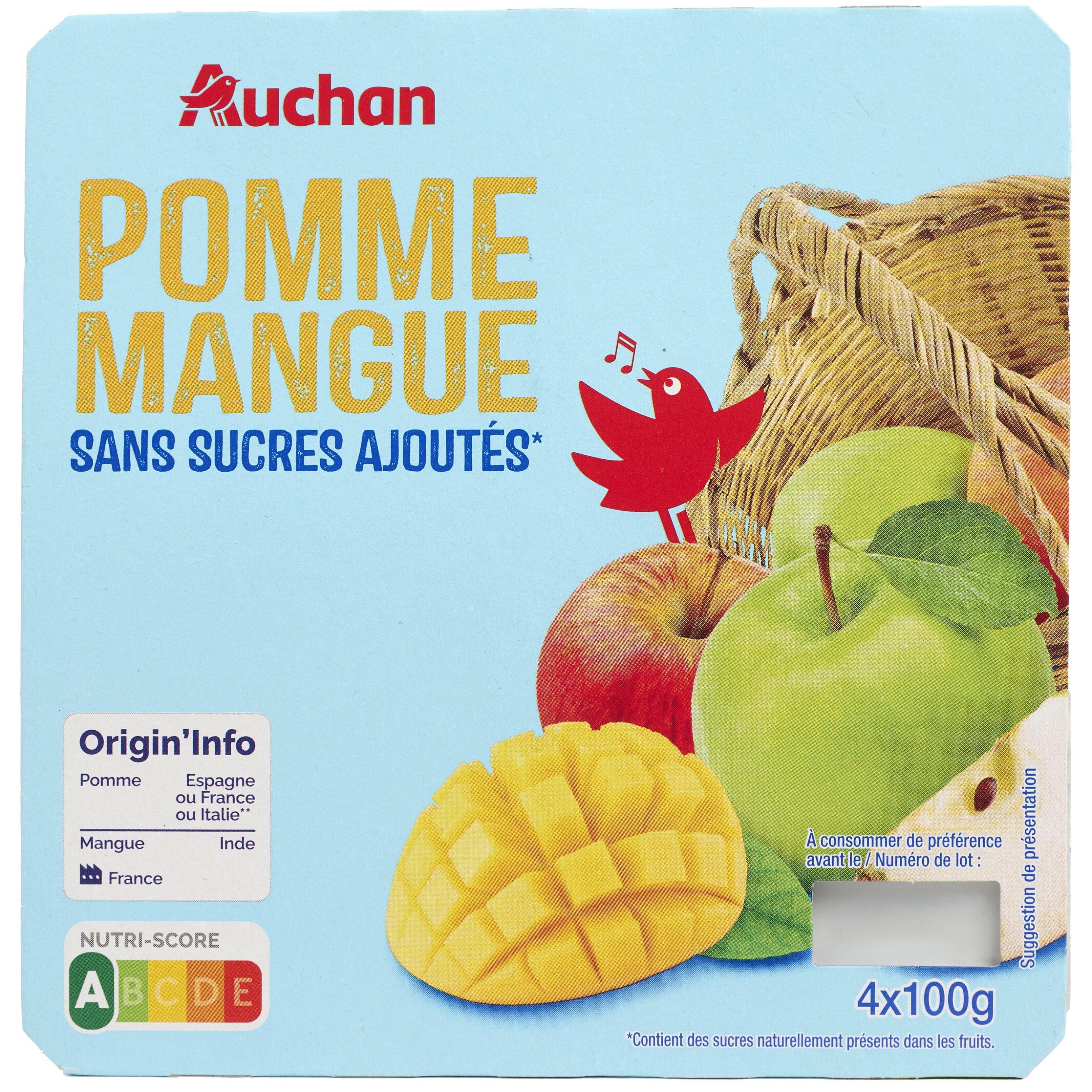AUCHAN Purée de pomme mangue sans sucres ajoutés coupelles 4x100g
