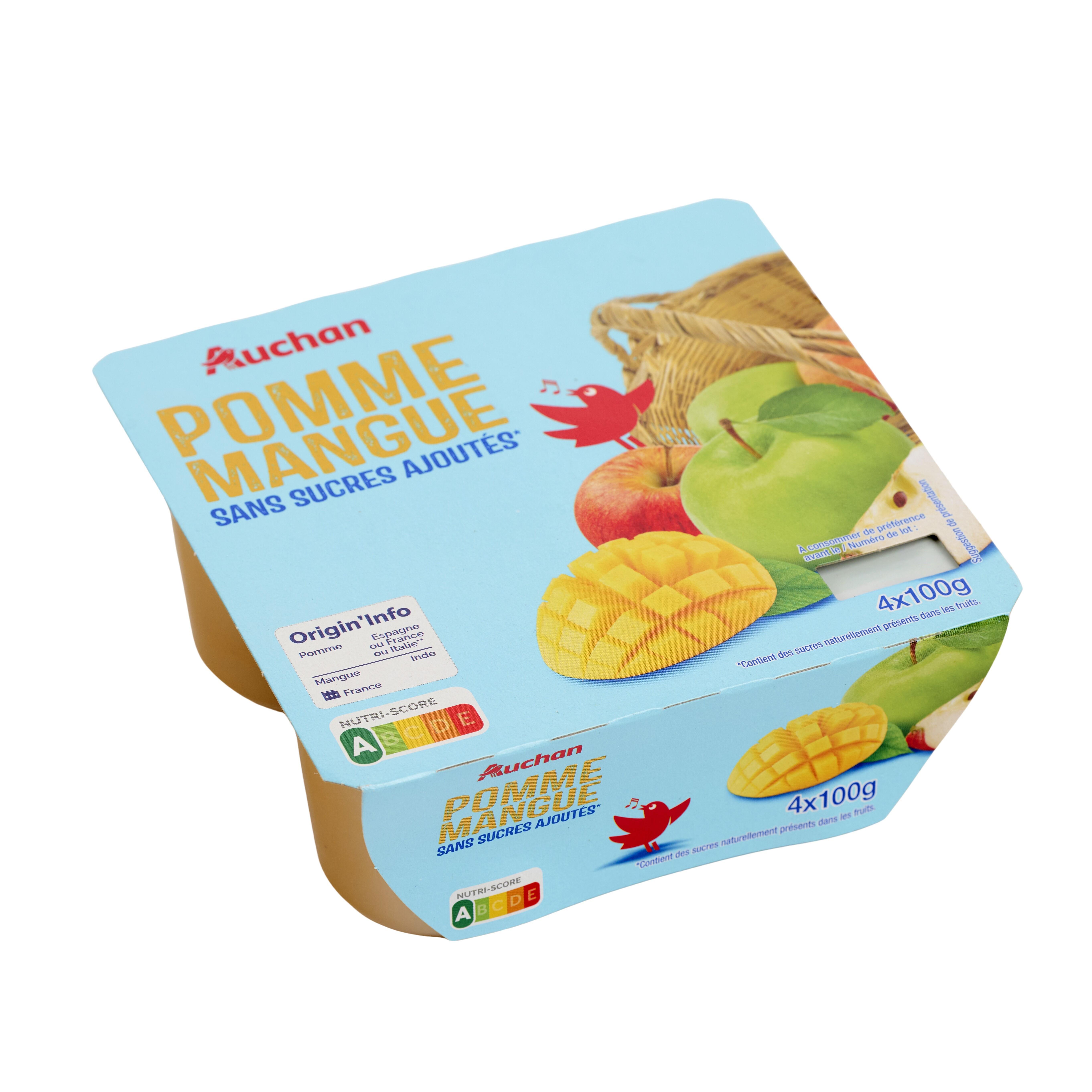 Voir la diapositive 2 : AUCHAN Purée de pomme mangue sans sucres ajoutés coupelles 4x100g