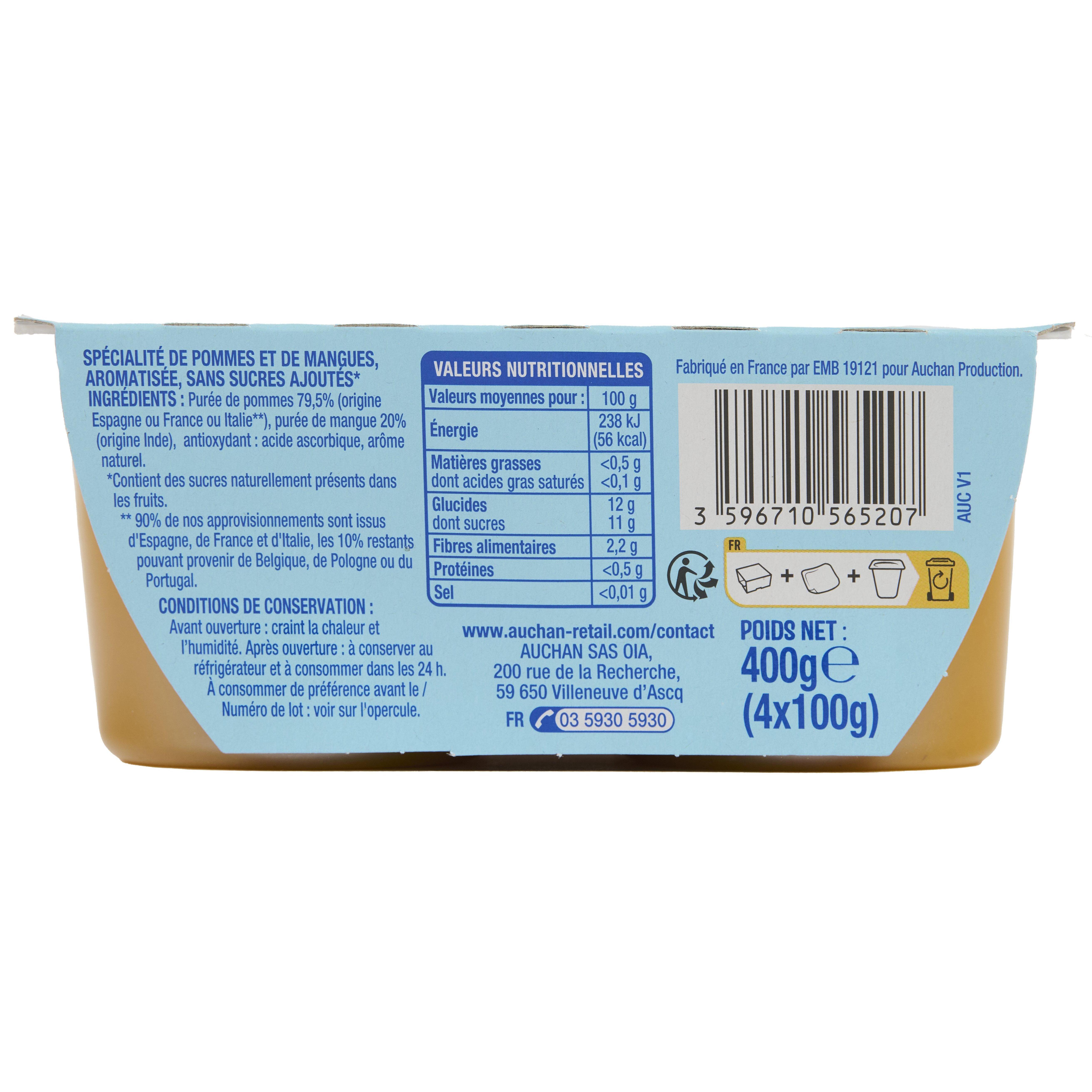 Voir la diapositive 3 : AUCHAN Purée de pomme mangue sans sucres ajoutés coupelles 4x100g