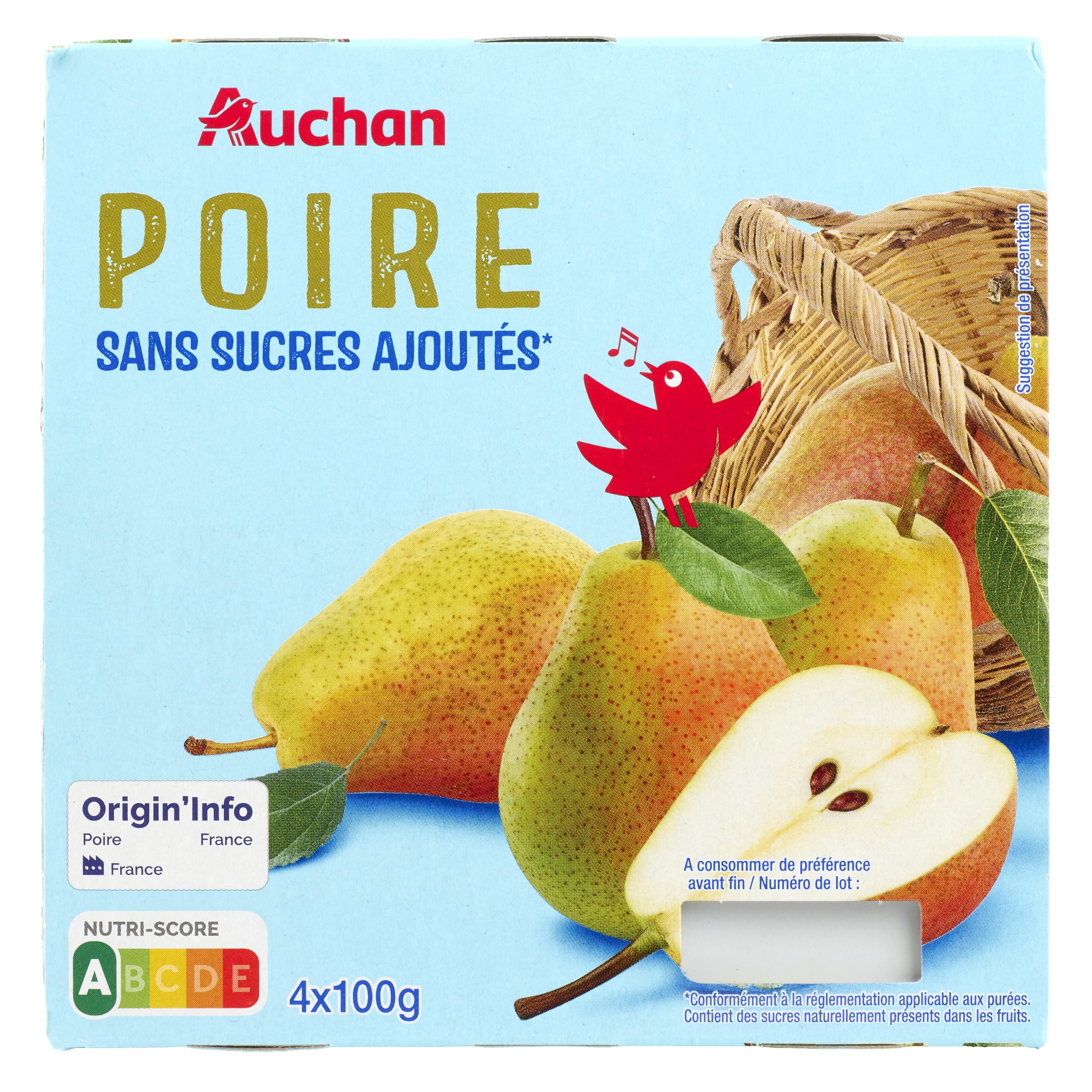 AUCHAN Coupelles purée de poires sans sucres ajoutés 4x100g