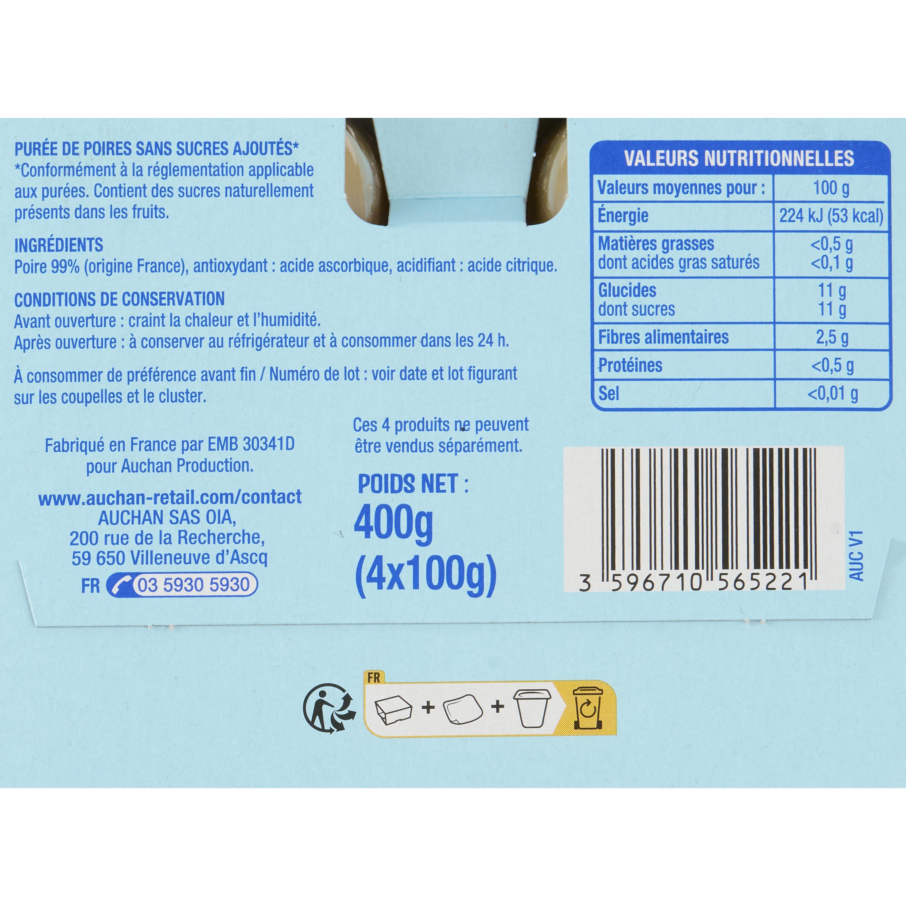 Voir la diapositive 3 : AUCHAN Coupelles purée de poires sans sucres ajoutés 4x100g