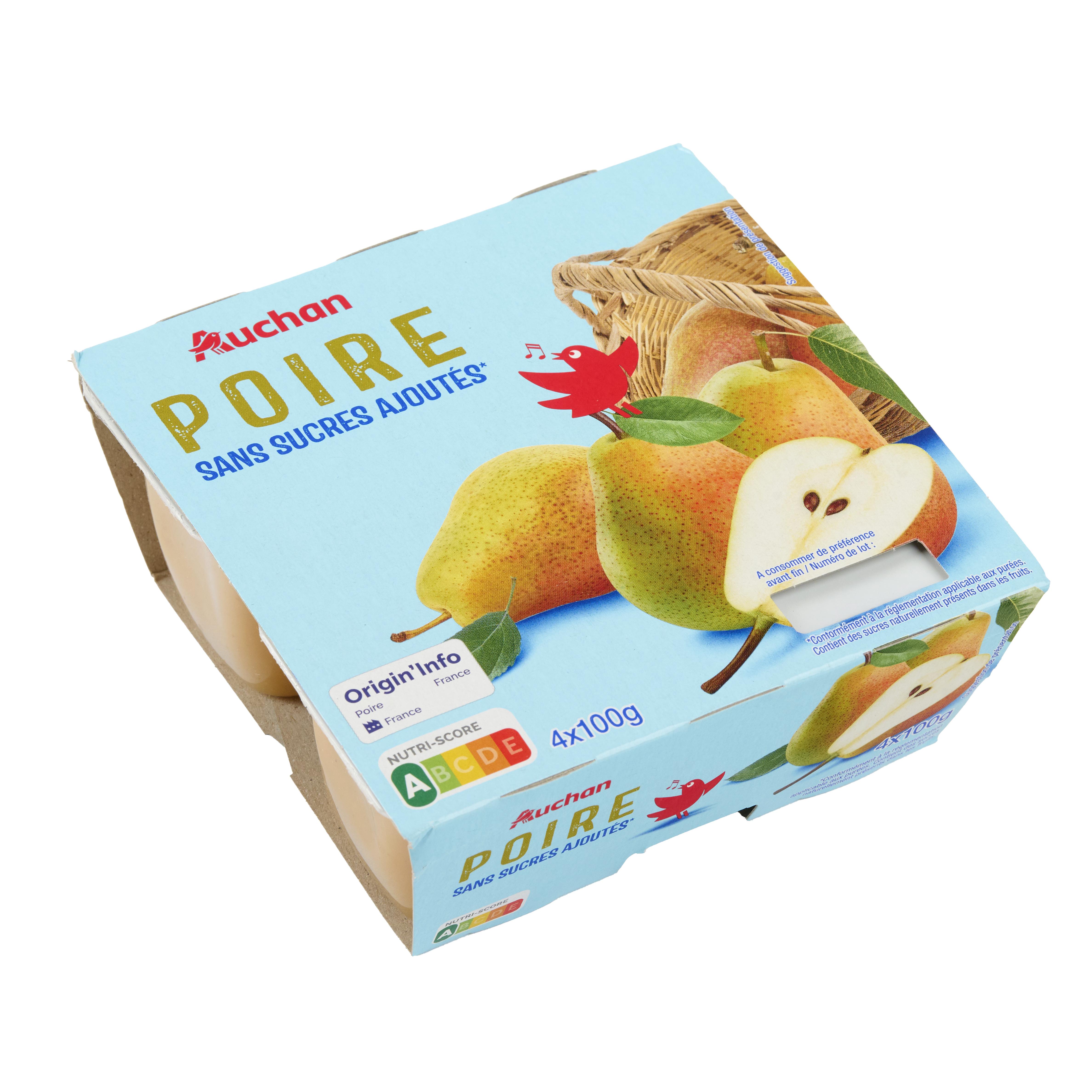 Voir la diapositive 4 : AUCHAN Coupelles purée de poires sans sucres ajoutés 4x100g