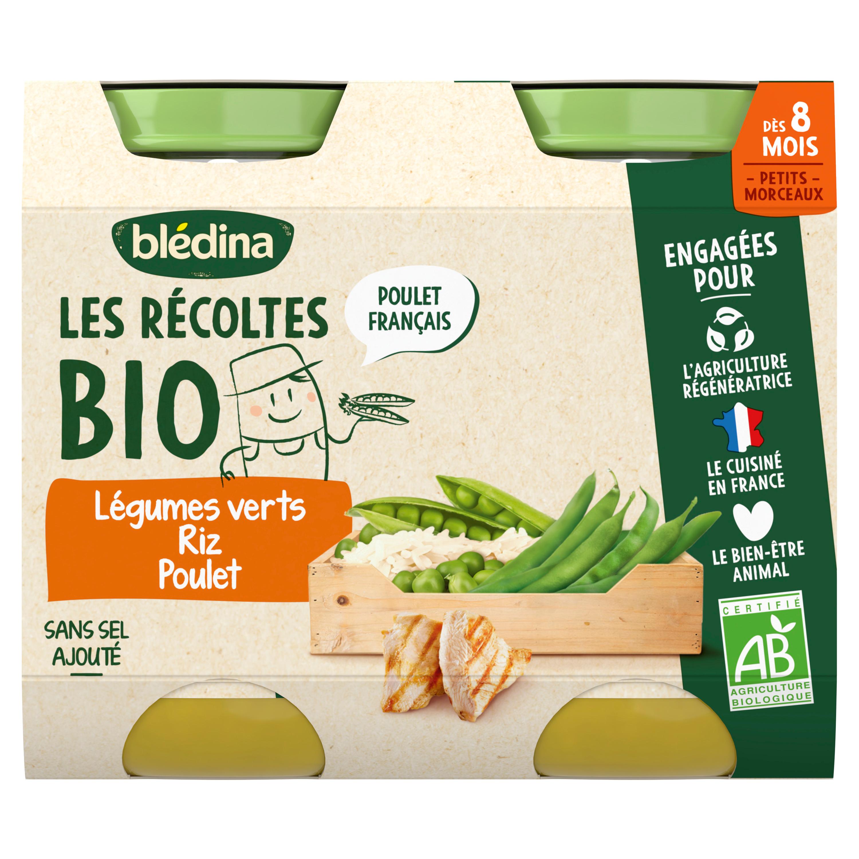 BLEDINA Les Récoltes Bio petit pot légumes verts riz poulet dès 8 mois 2x200g