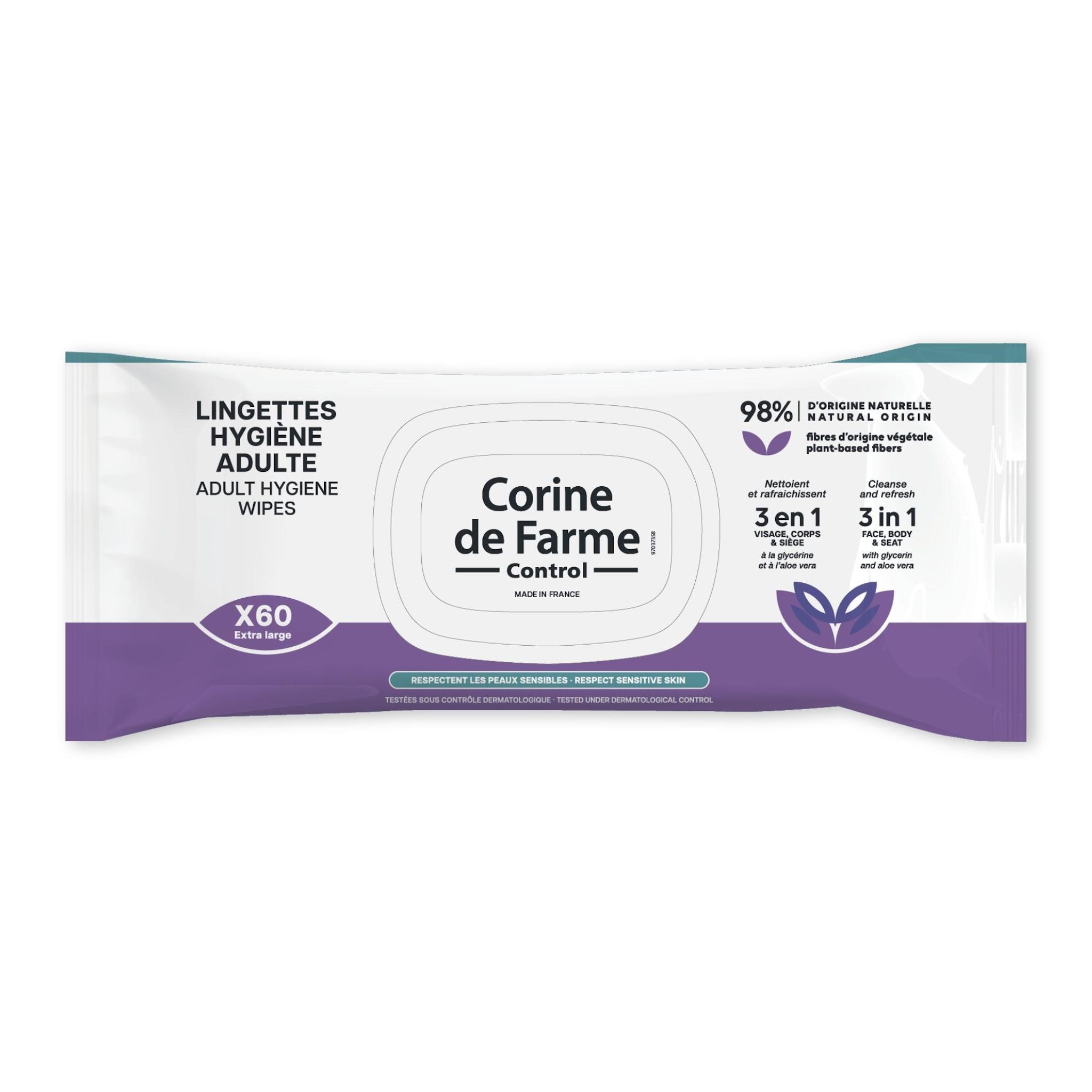 CORINE DE FARME Lingettes hygiène adulte extra large 3en1 visage, corps, siège à la glycérine et aloé véra 60 pièces