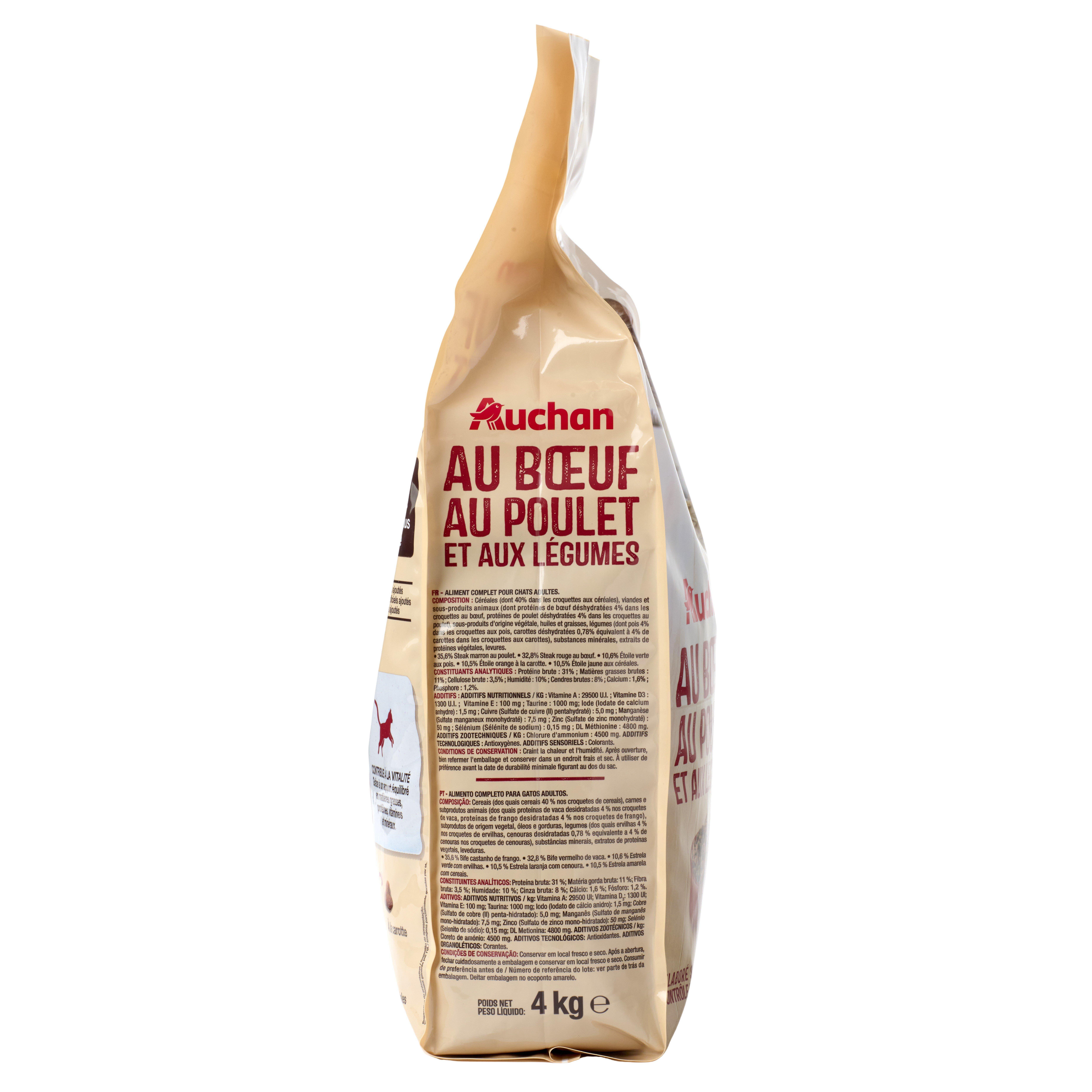 Voir la diapositive 3 : AUCHAN Croquettes au boeuf au poulet et aux legumes pour chat adulte 4kg