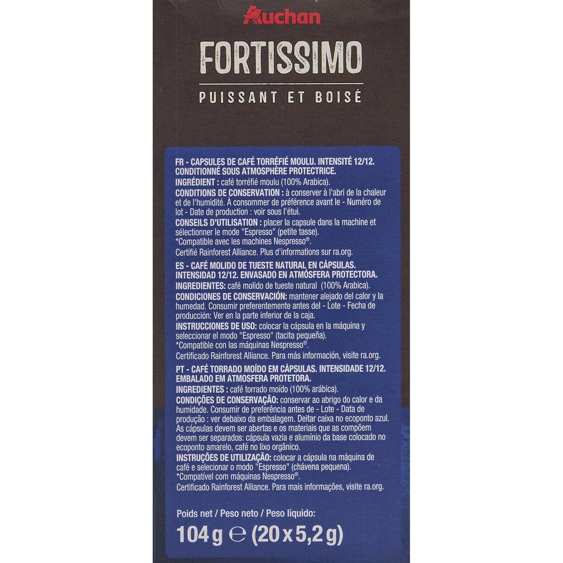 Voir la diapositive 3 : AUCHAN Fortissimo Capsules de café intense compatibles Nespresso 20 capsules 104g