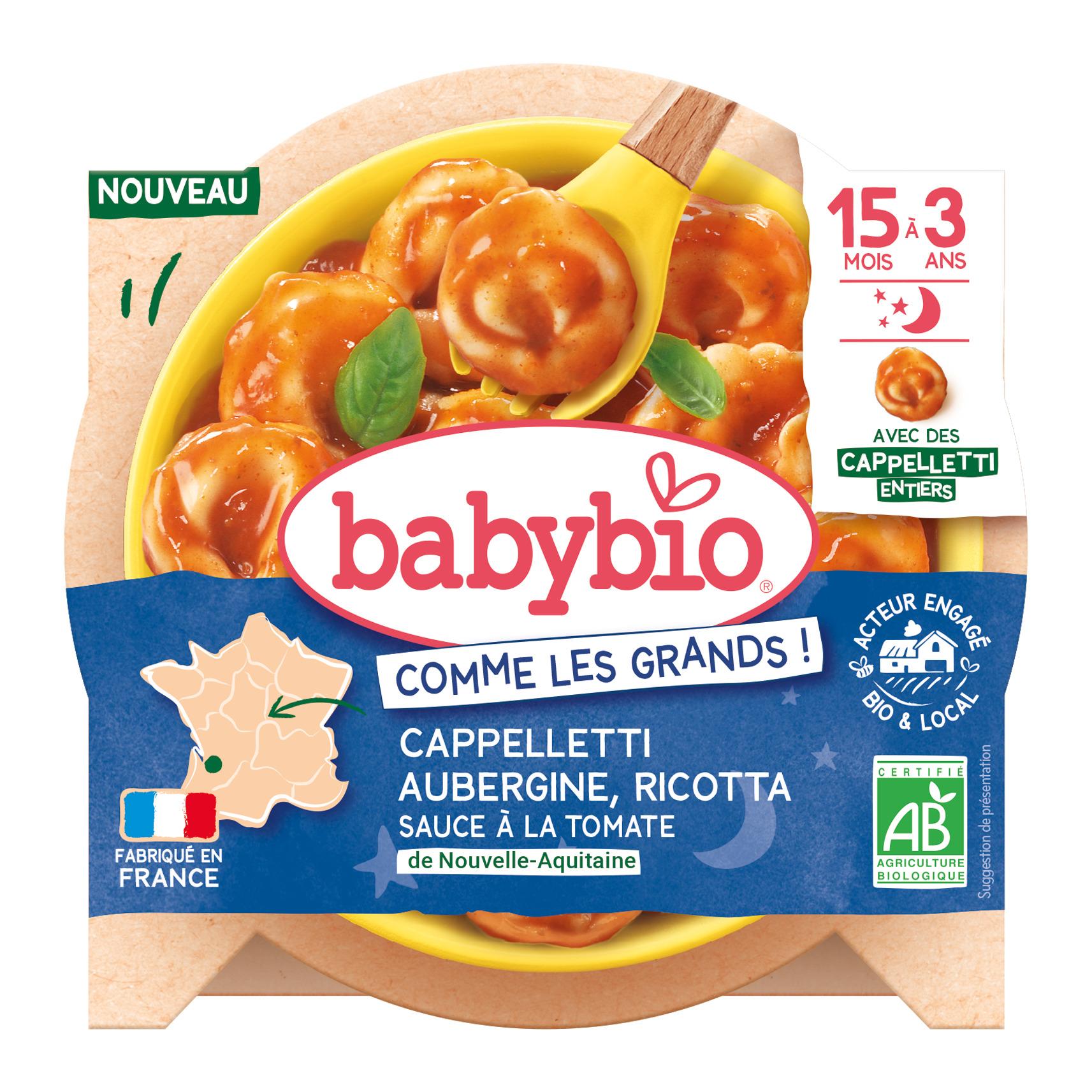 BABYBIO Plat cappelletti aubergine ricotta sauce tomate bio dès 15 mois 190g