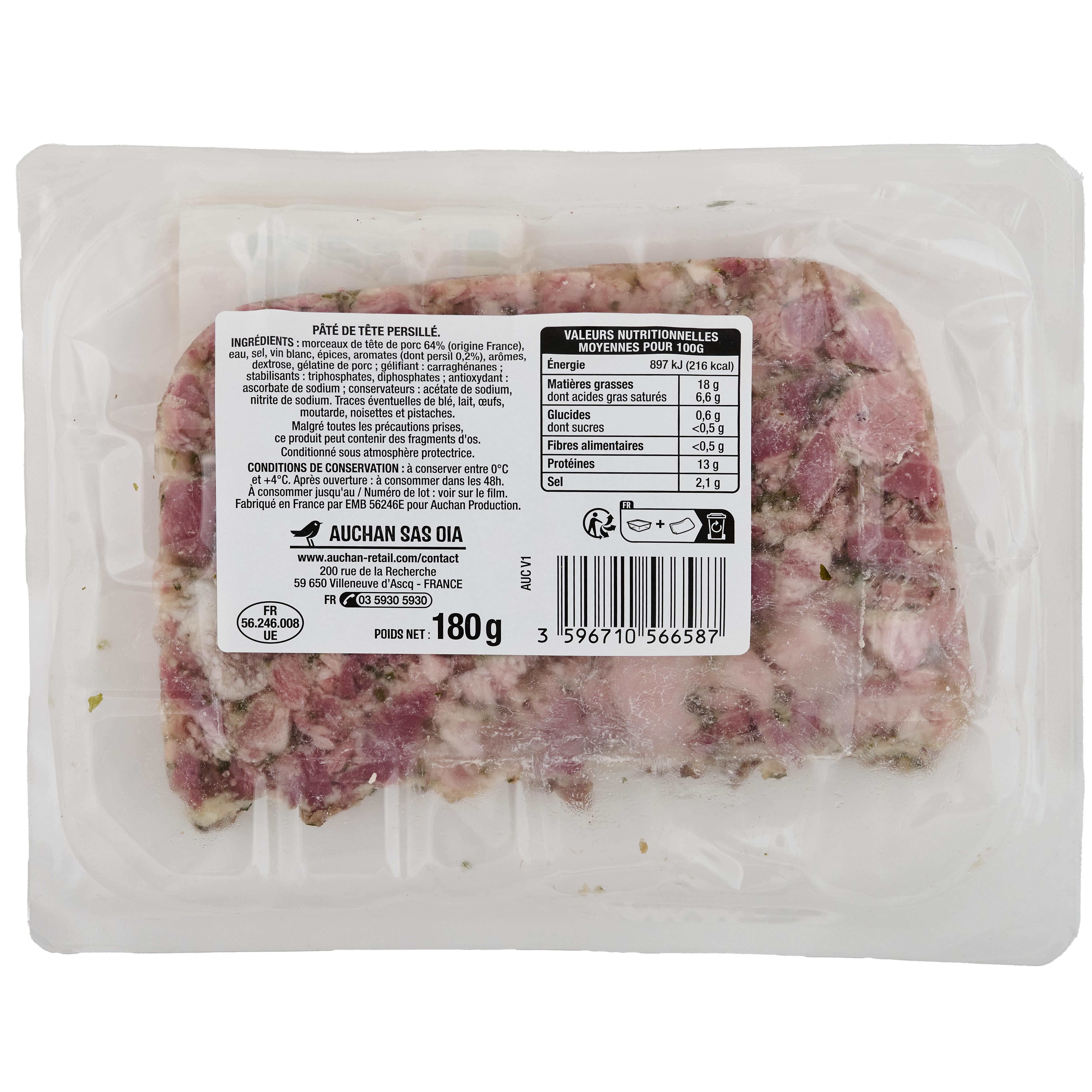 Voir la diapositive 2 : AUCHAN Pâté de tête persillé 180g