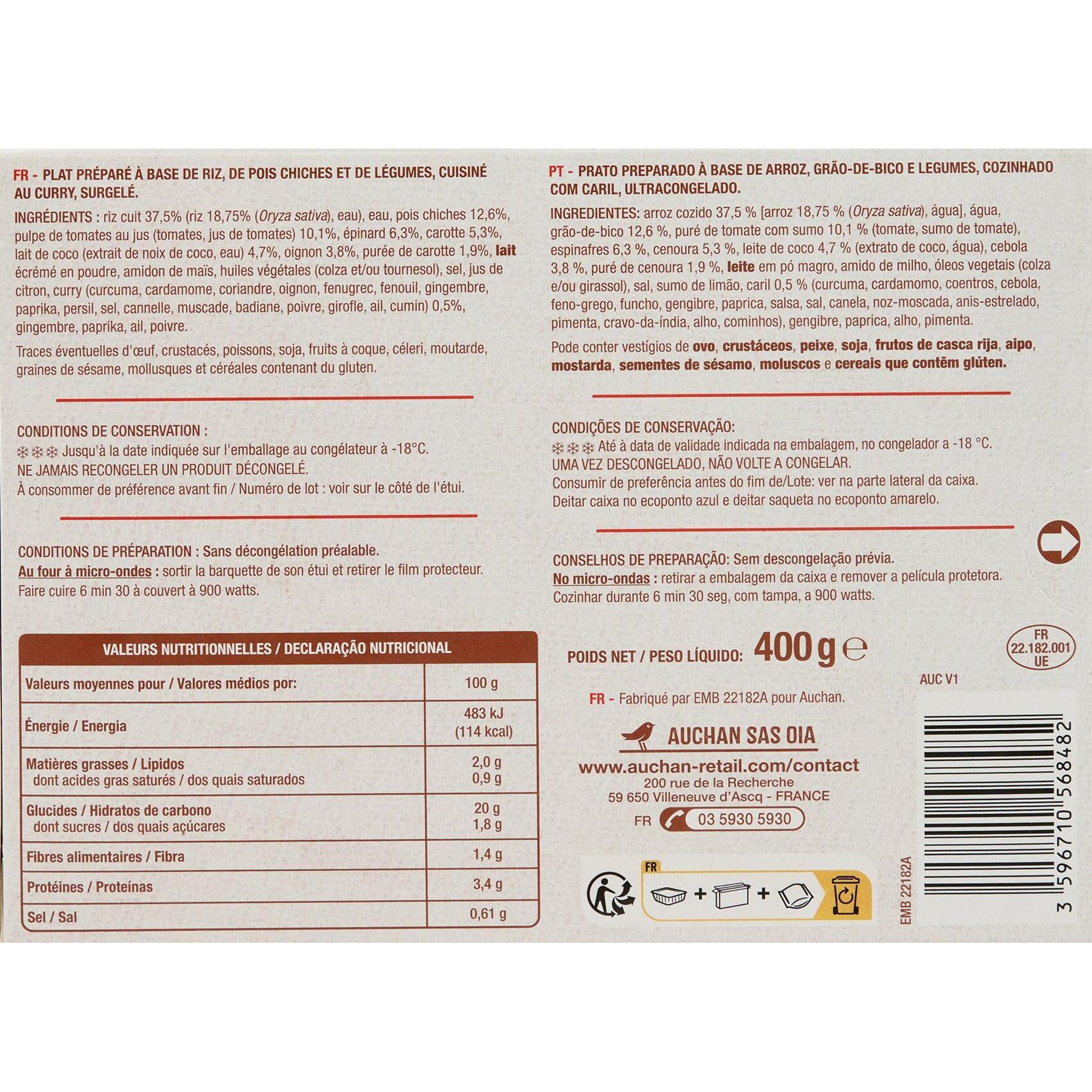 Voir la diapositive 2 : AUCHAN Curry de pois chiches aux légumes et au riz 400g