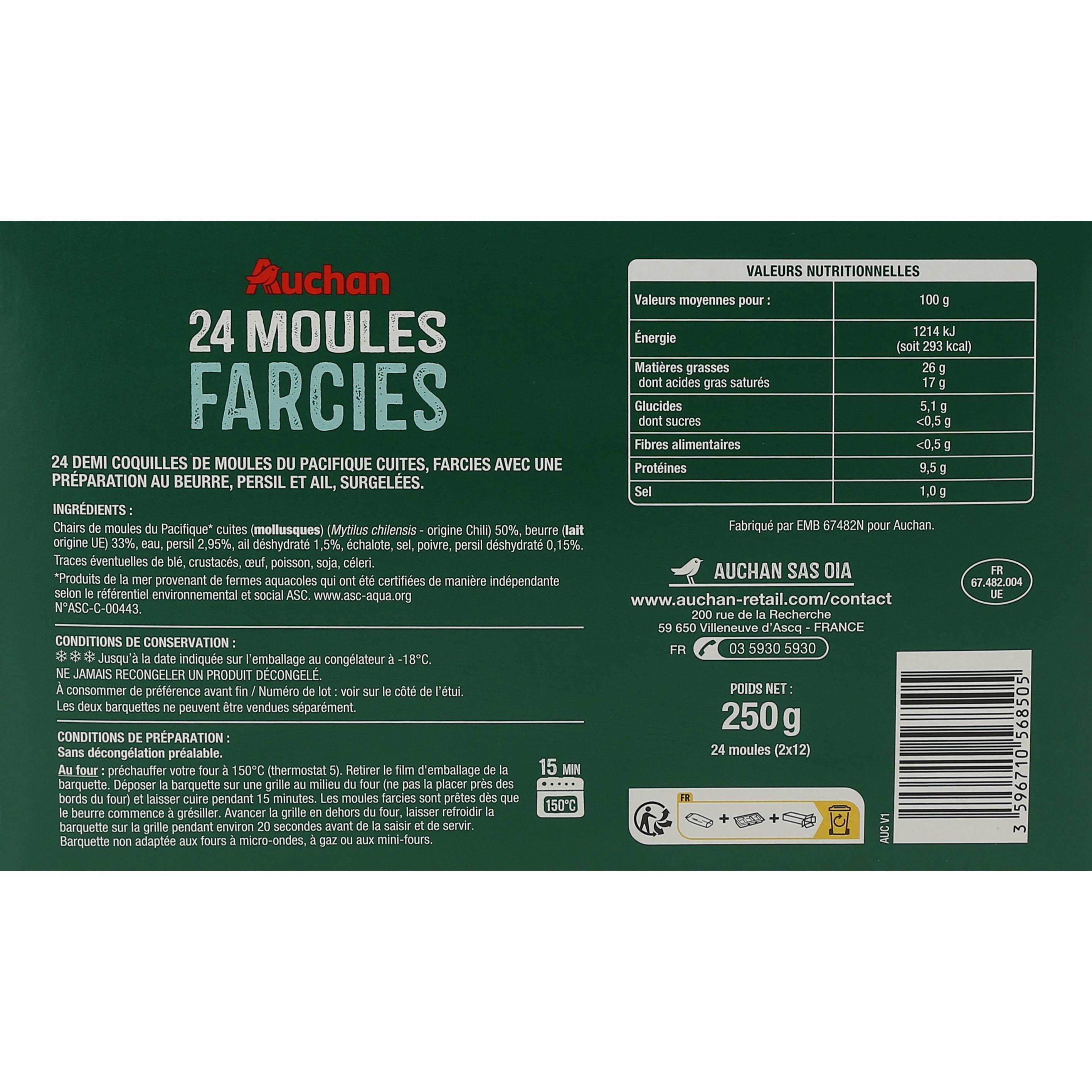 Voir la diapositive 2 : AUCHAN Moules farcies ASC 24 pièces 250g