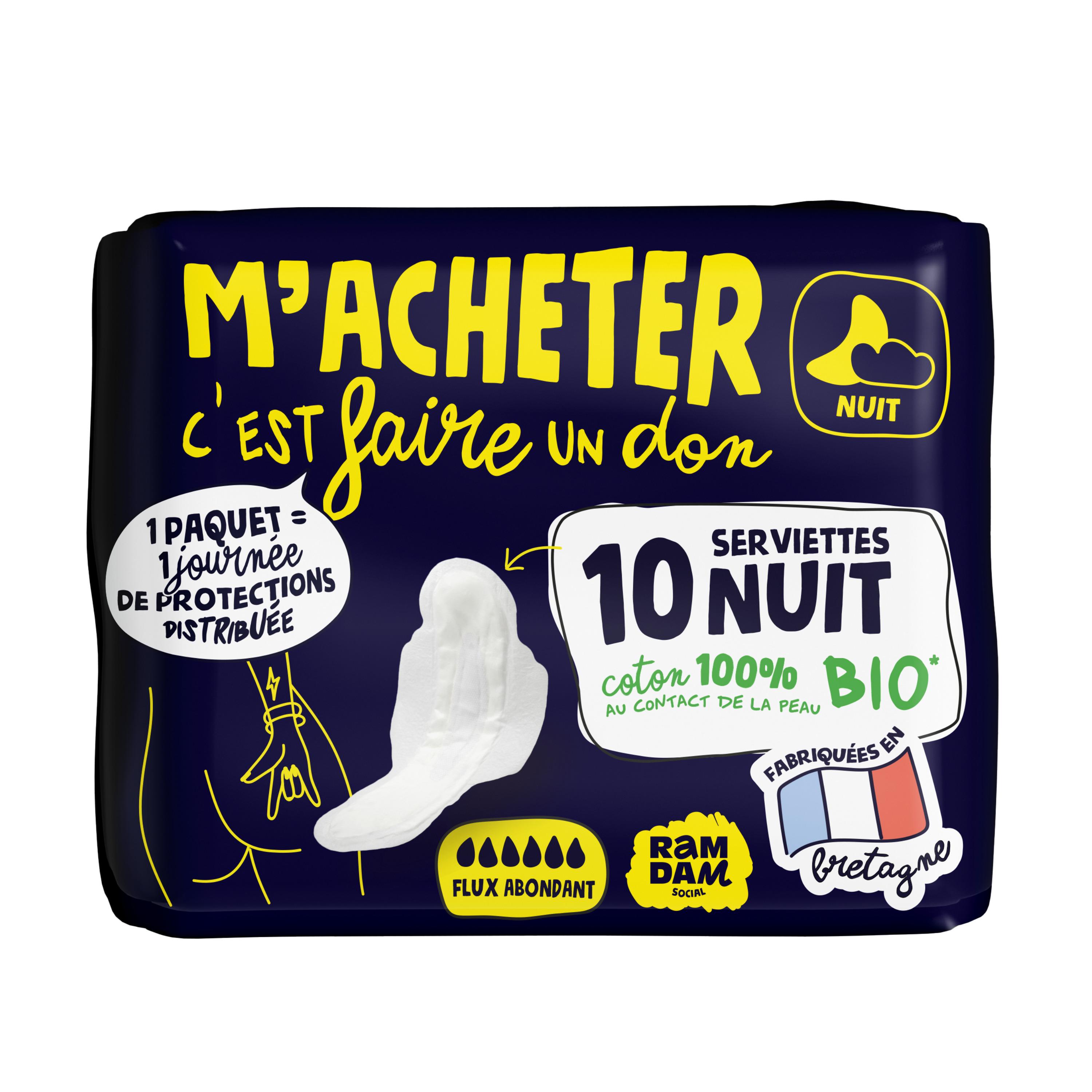 RAMDAM SOCIAL Serviettes hygiéniques bio nuit flux abondant 10 serviettes