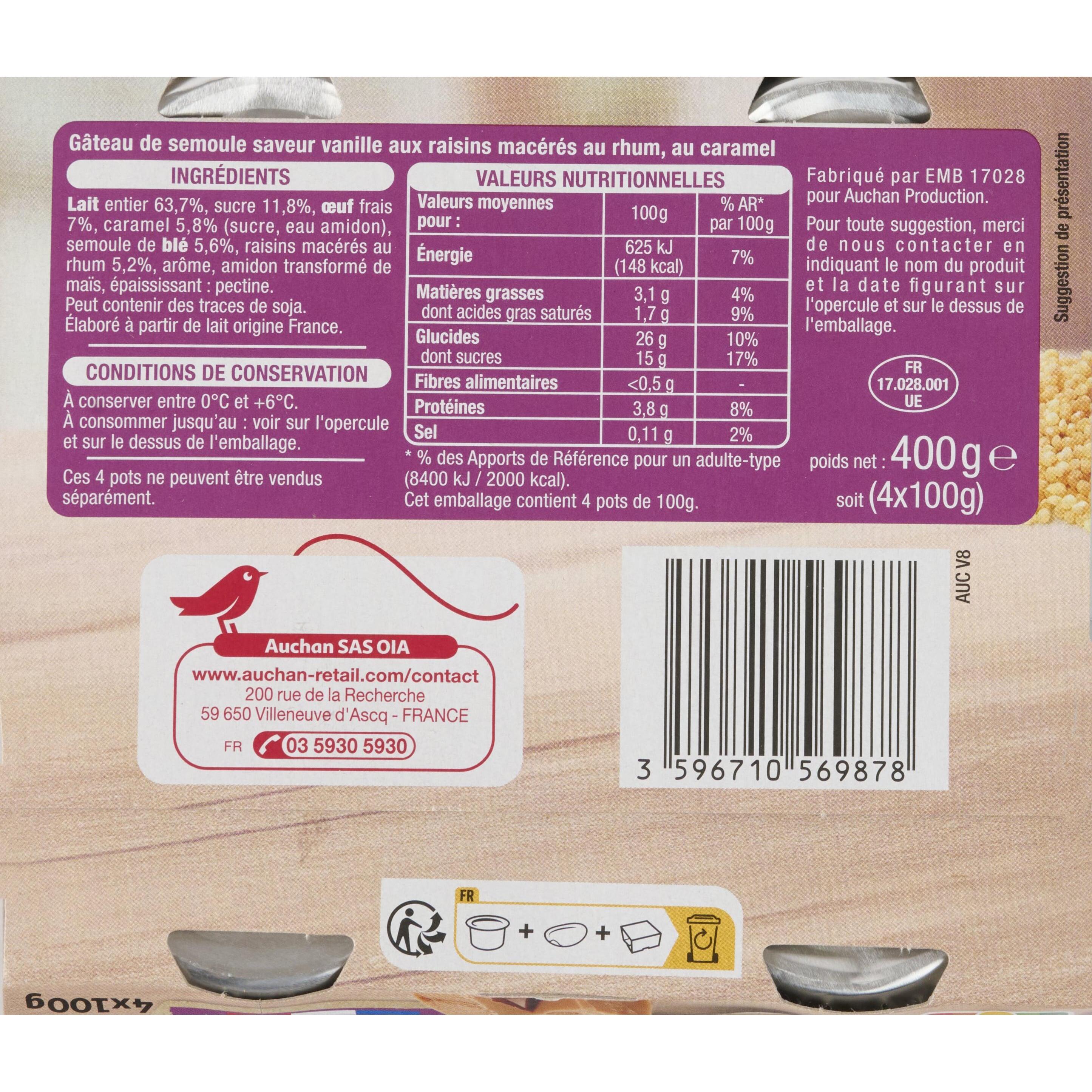 Voir la diapositive 3 : AUCHAN Gâteau de semoule rhum raisins 4x100g