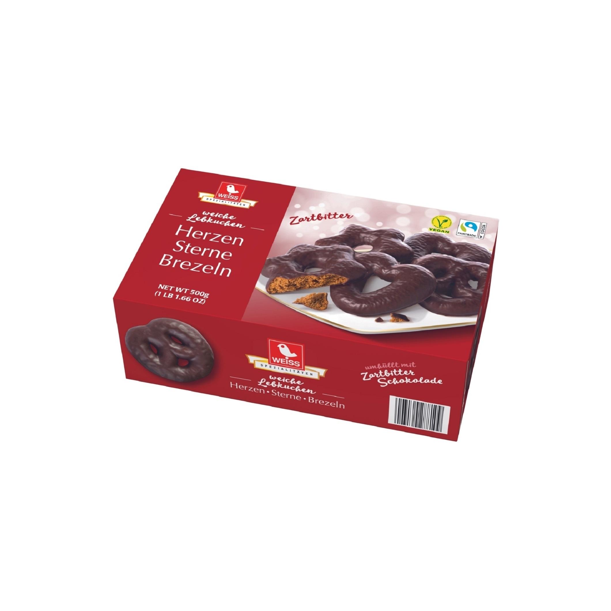 WEISS Pain d'épices bretzel en coeur étoile enrobé de chocolat noir 500g