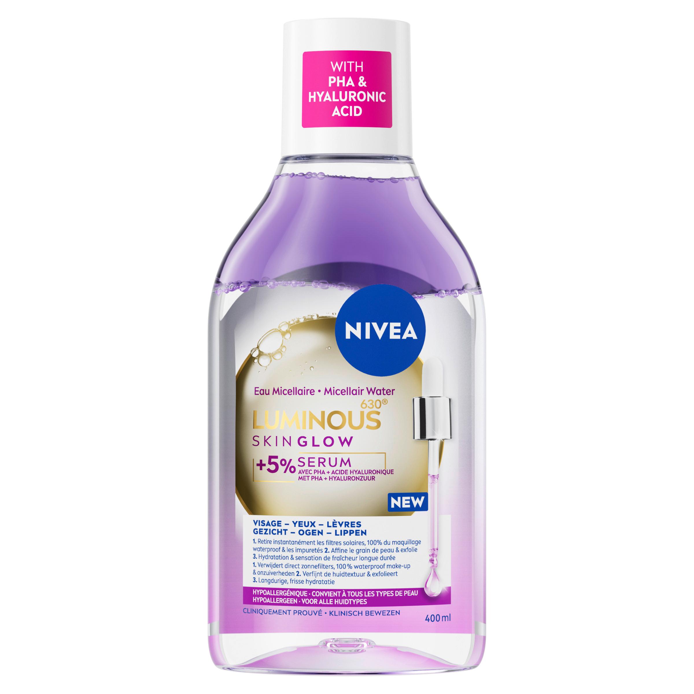 NIVEA Luminous630 Skin Glow Eau micellaire+5% sérum PHA et acide hyaluronique visage, yeux, lèvres tous types de peaux 400ml