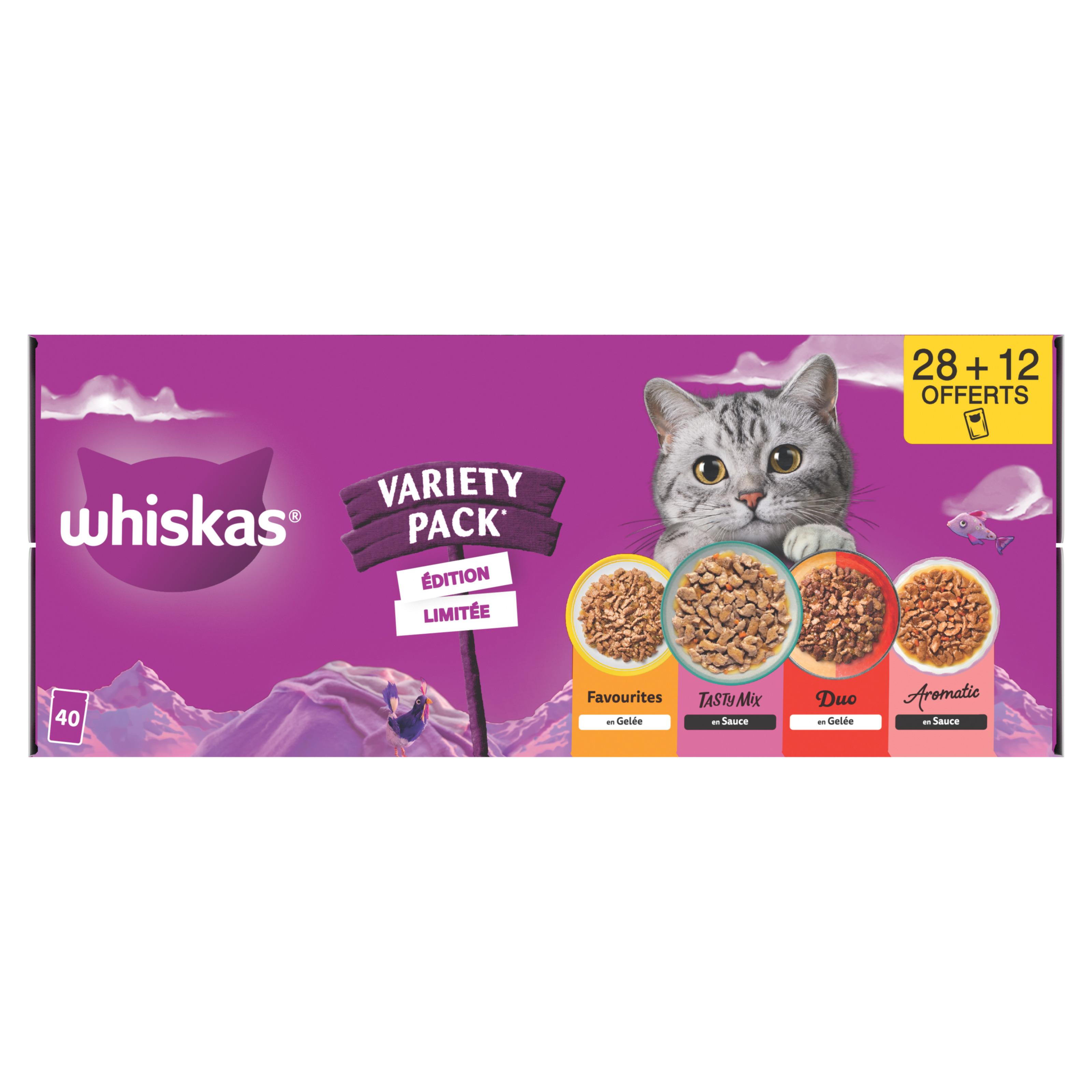 WHISKAS Variety Pack Sachets repas en gelée et en sauce pour chat 28+12 offerts 40x85g FORMAT PROMO