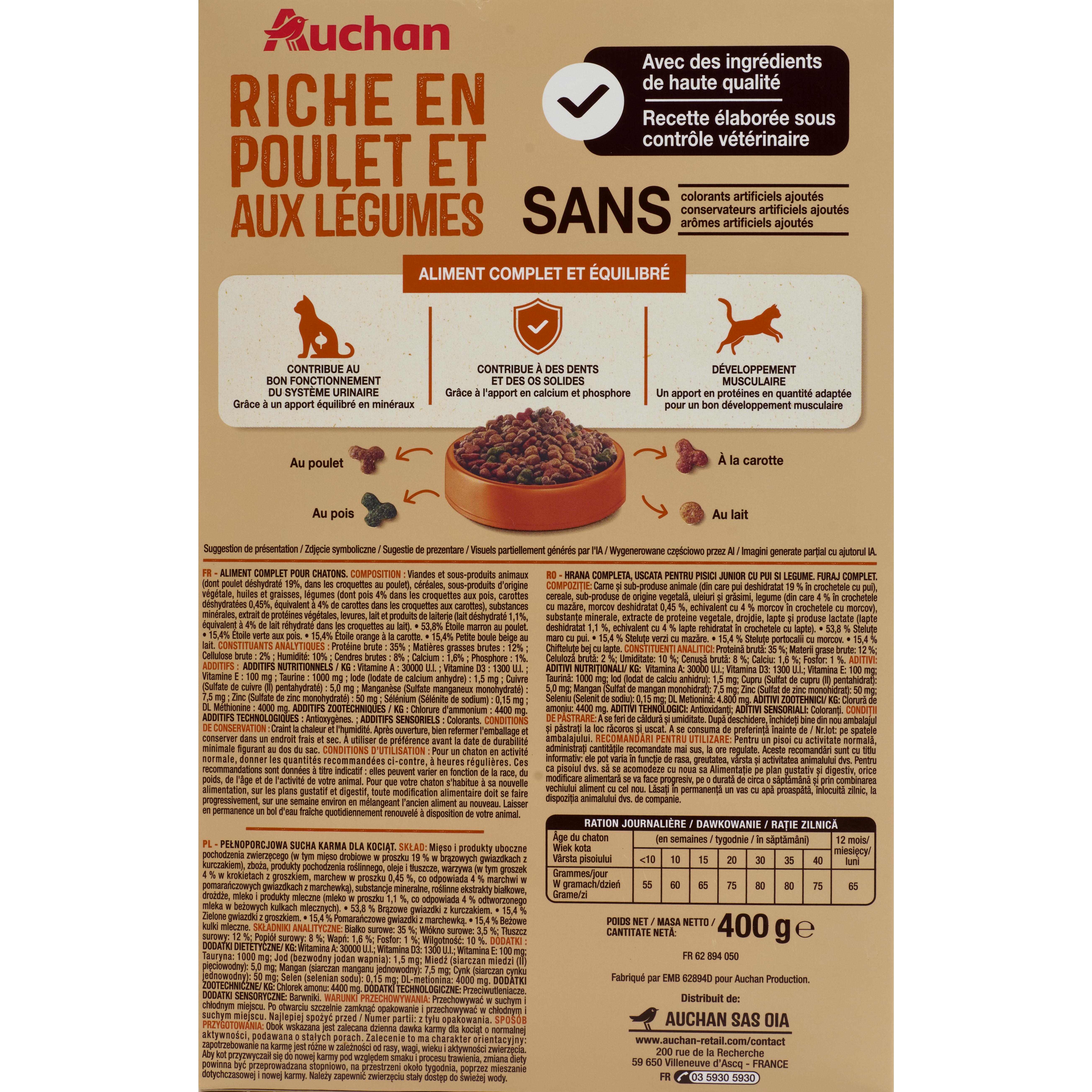 Voir la diapositive 2 : AUCHAN Croquettes au poulet et aux légumes pour chaton 400g