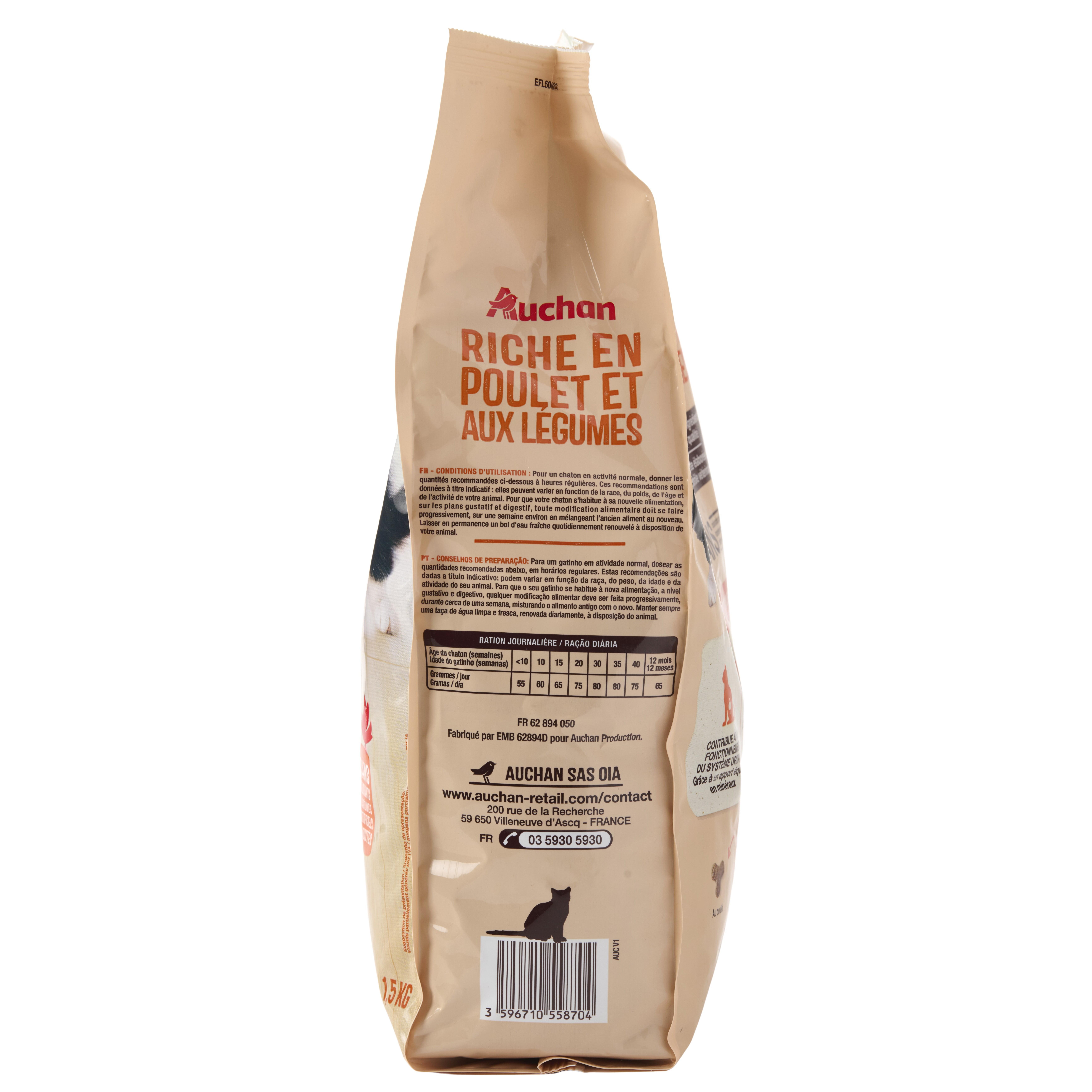 Voir la diapositive 2 : AUCHAN Croquettes riche en poulet et aux légumes pour chaton 1.5kg