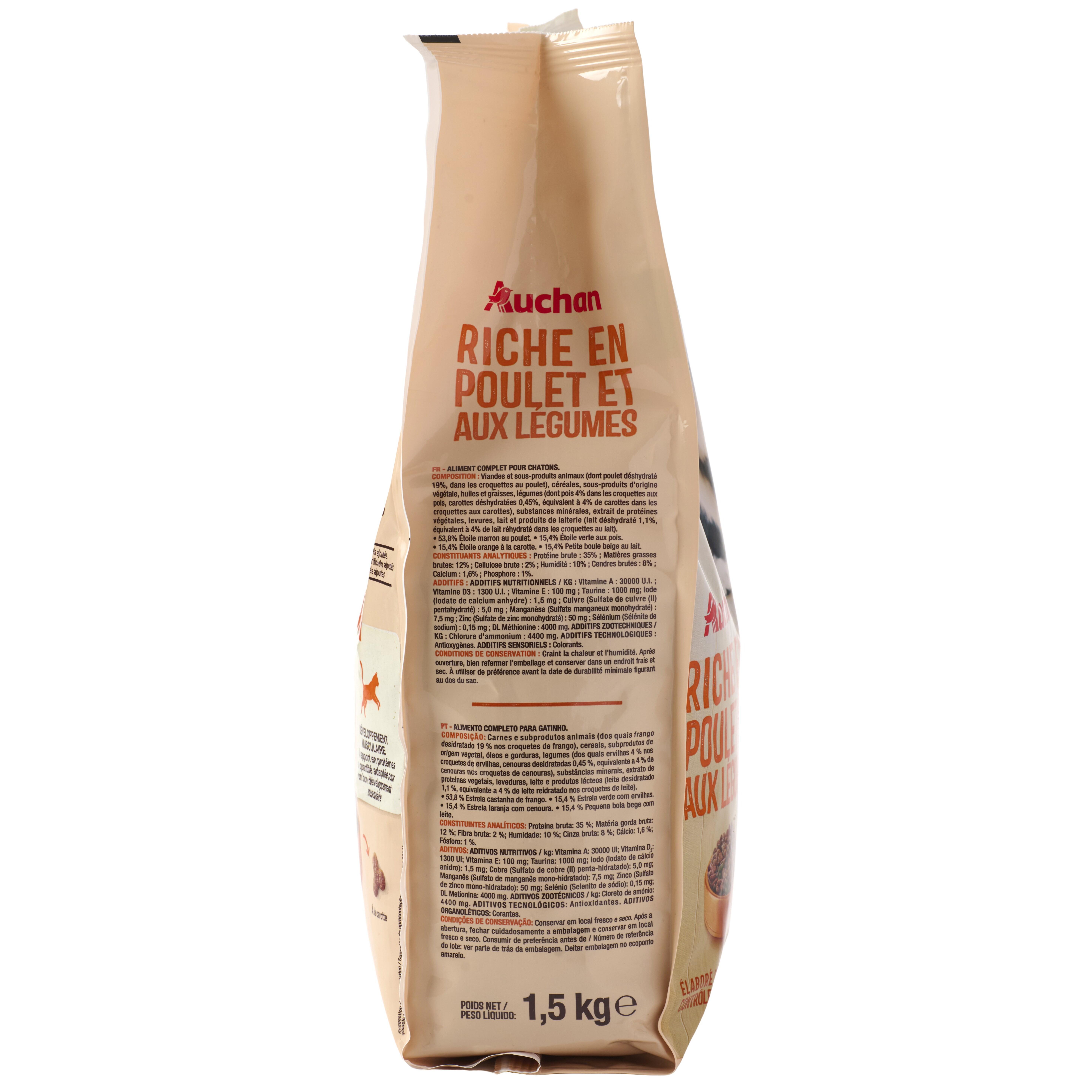 Voir la diapositive 3 : AUCHAN Croquettes riche en poulet et aux légumes pour chaton 1.5kg
